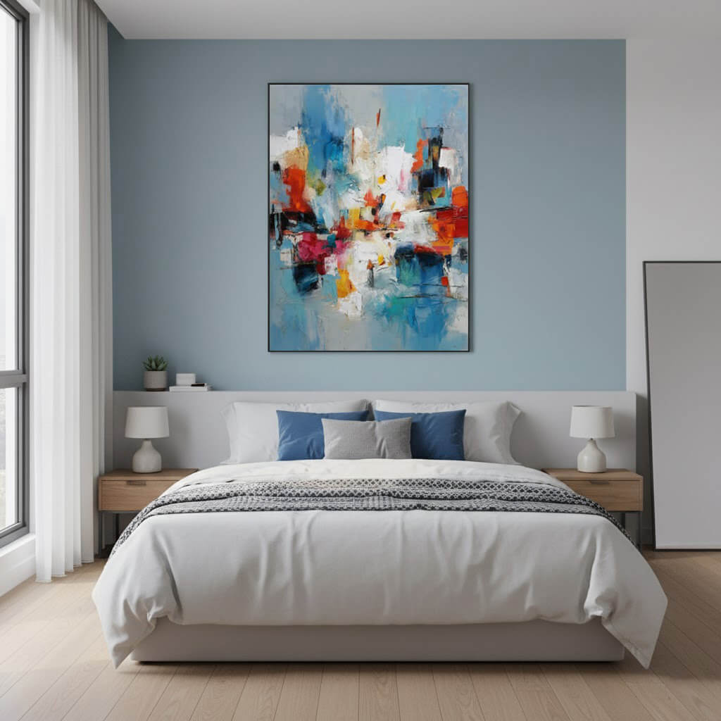 Modern bedroom with a bed, nightstands, and abstract art on the wall.