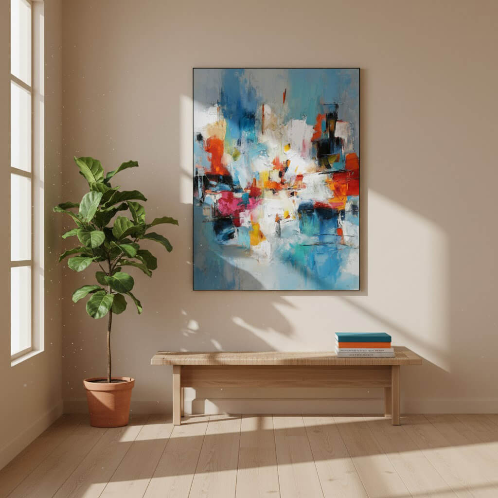 Colorful abstract painting on a wall above a wooden bench with books, next to a potted plant in a sunlit room.