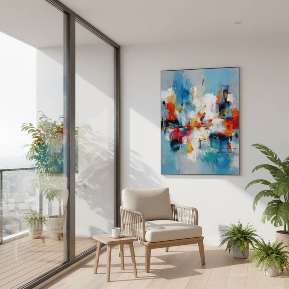 Modern living room with a colorful abstract painting on the wall, a chair, and plants.