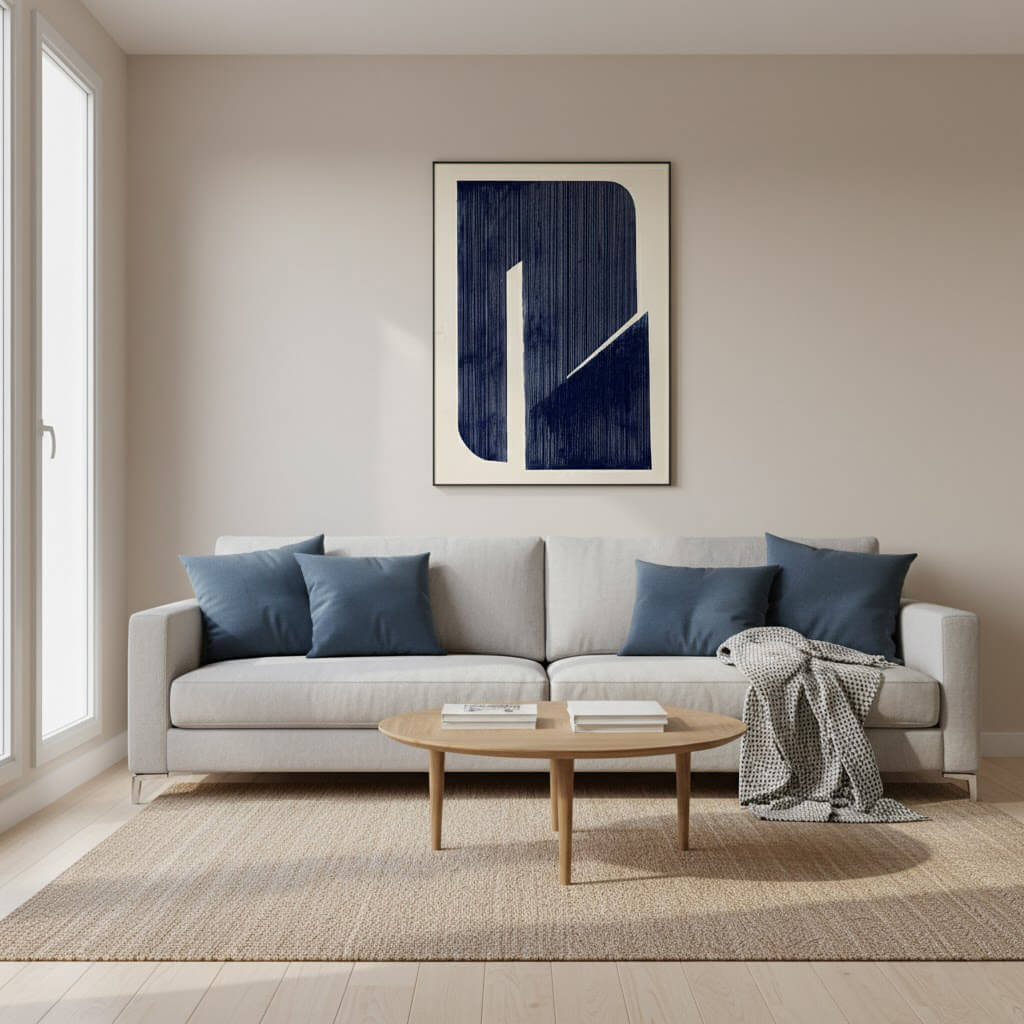 Modern living room with a gray sofa, wooden coffee table, and abstract art on the wall.