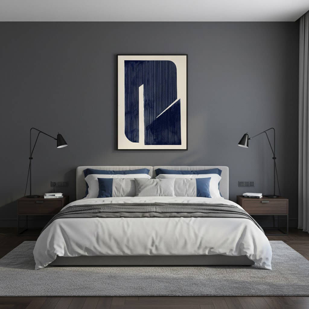 Modern bedroom with a bed, nightstands, and abstract art on the wall.