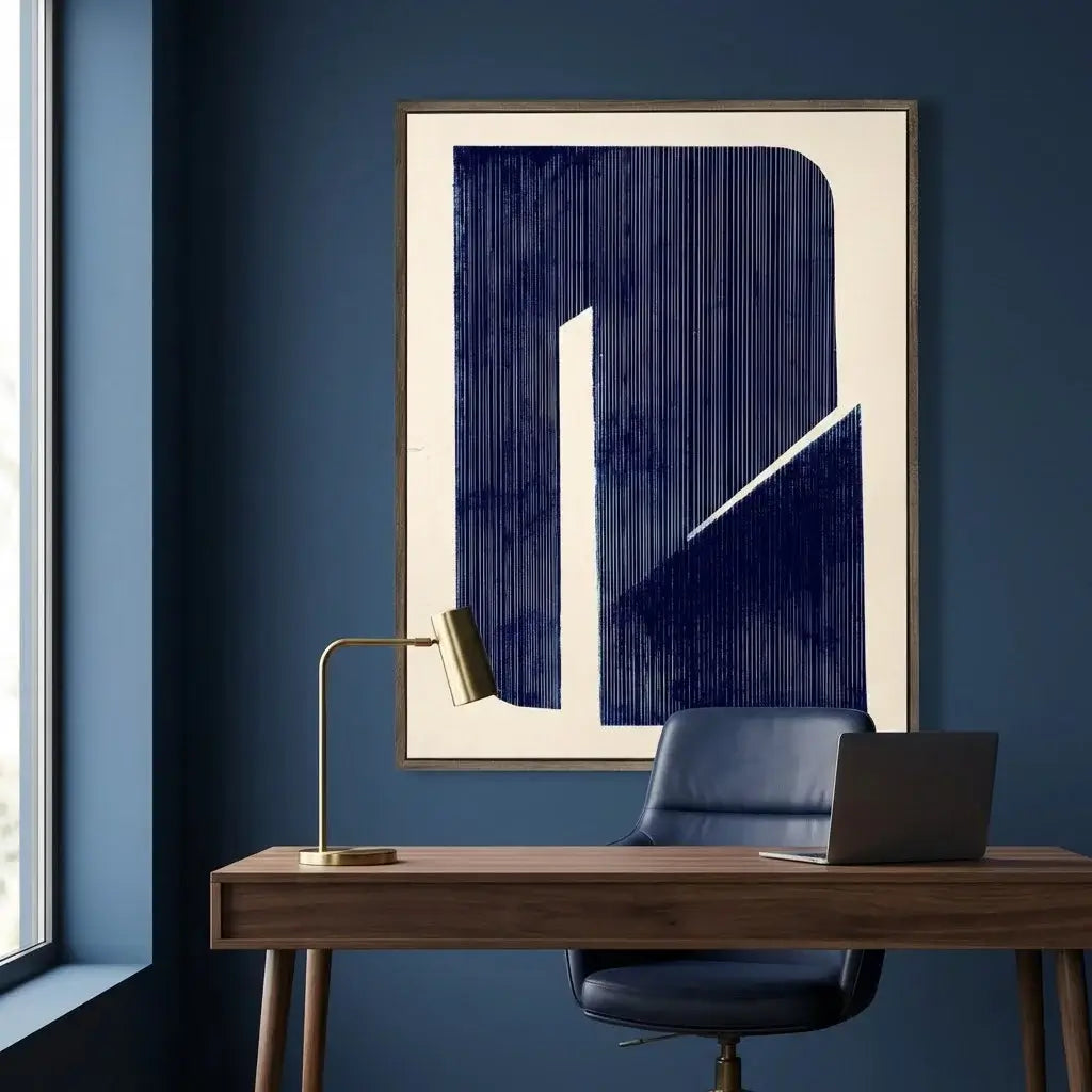 Modern office setup with a desk, chair, lamp, and abstract art on a blue wall.