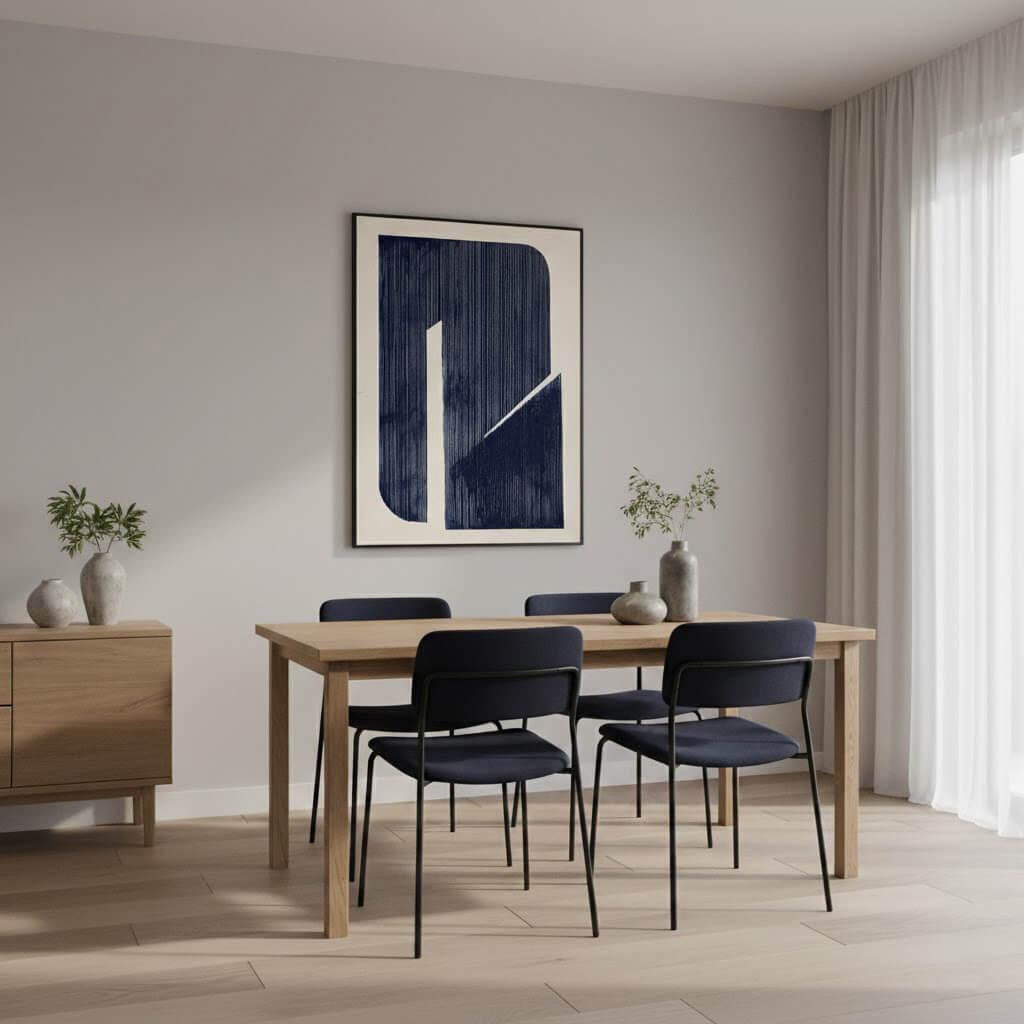 Dining room with wooden table and black chairs, abstract art on the wall, and a sideboard.