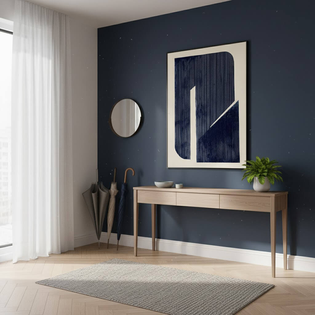 Modern interior with a dark blue wall, wooden console table, and abstract art.