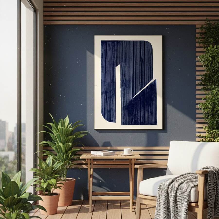 Modern living room with abstract art, plants, and a sofa.