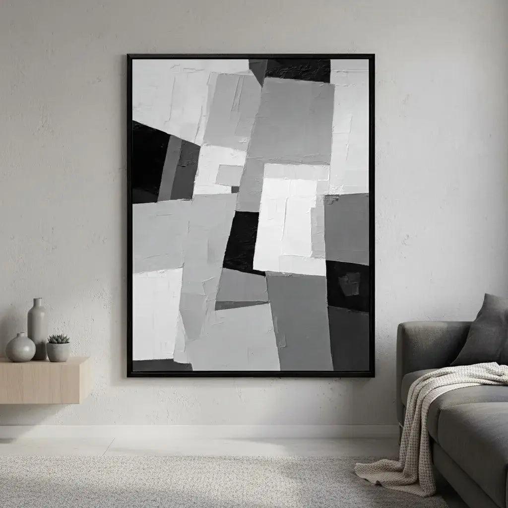 Abstract art piece in a modern living room setting