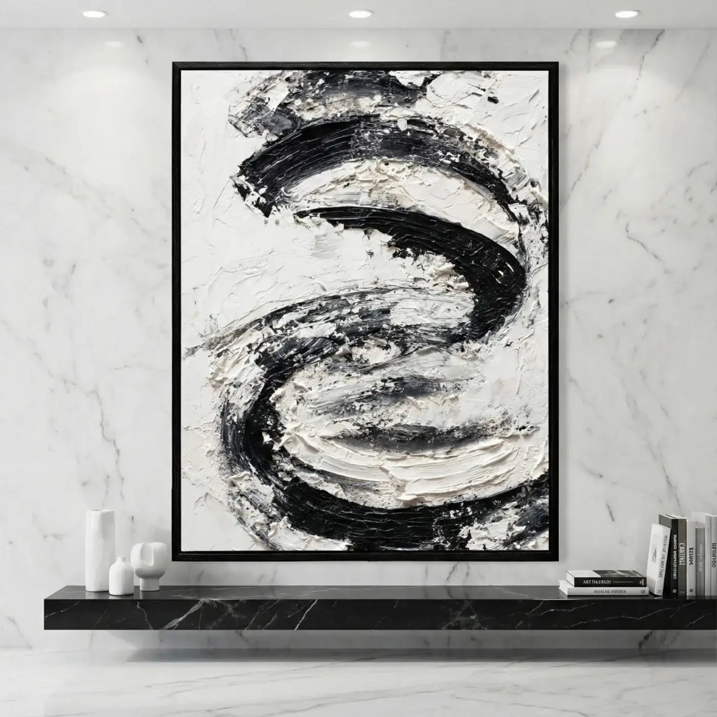 Abstract black and white painting in a modern interior setting with marble walls and a shelf.