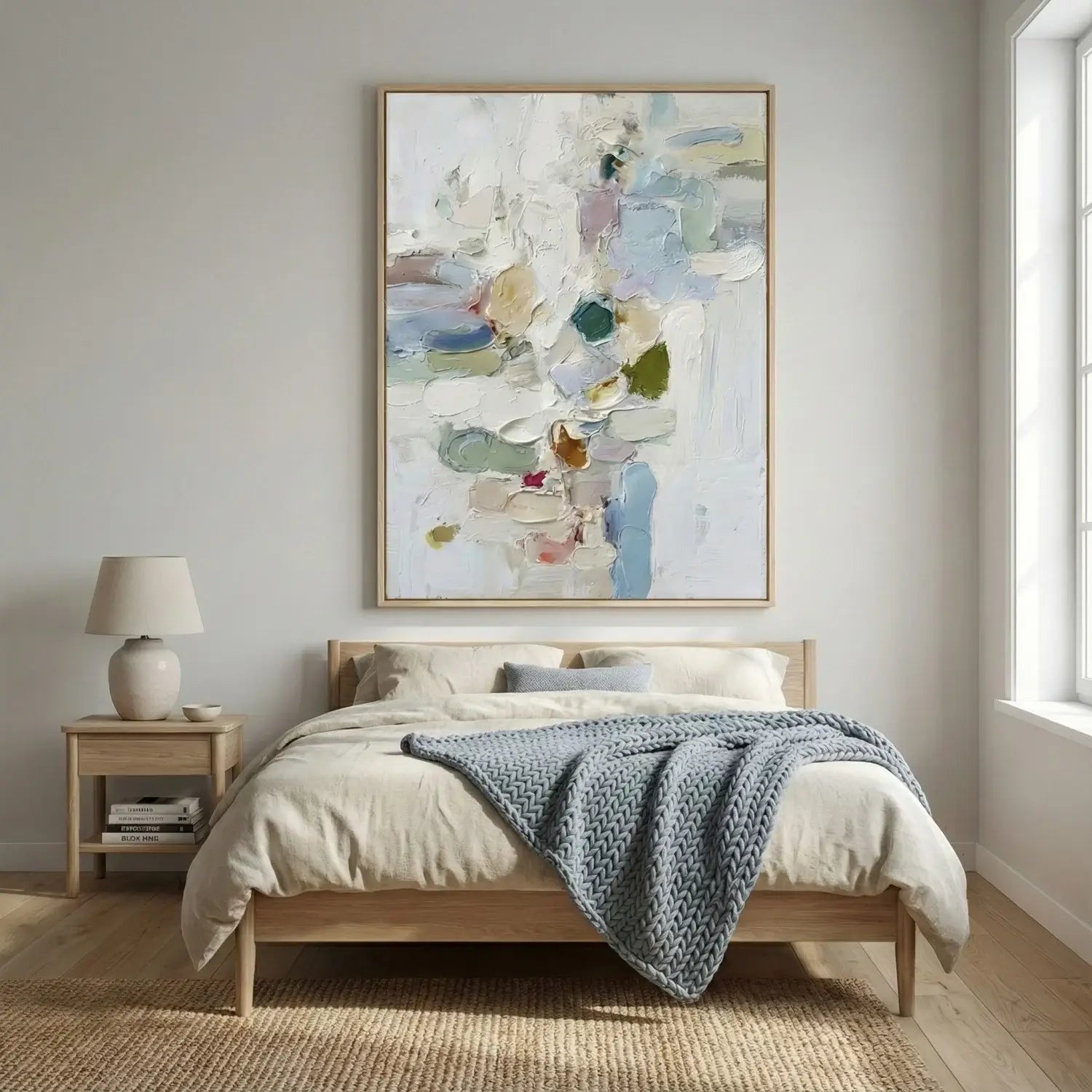 Bedroom with a bed, nightstand, lamp, and abstract wall art.