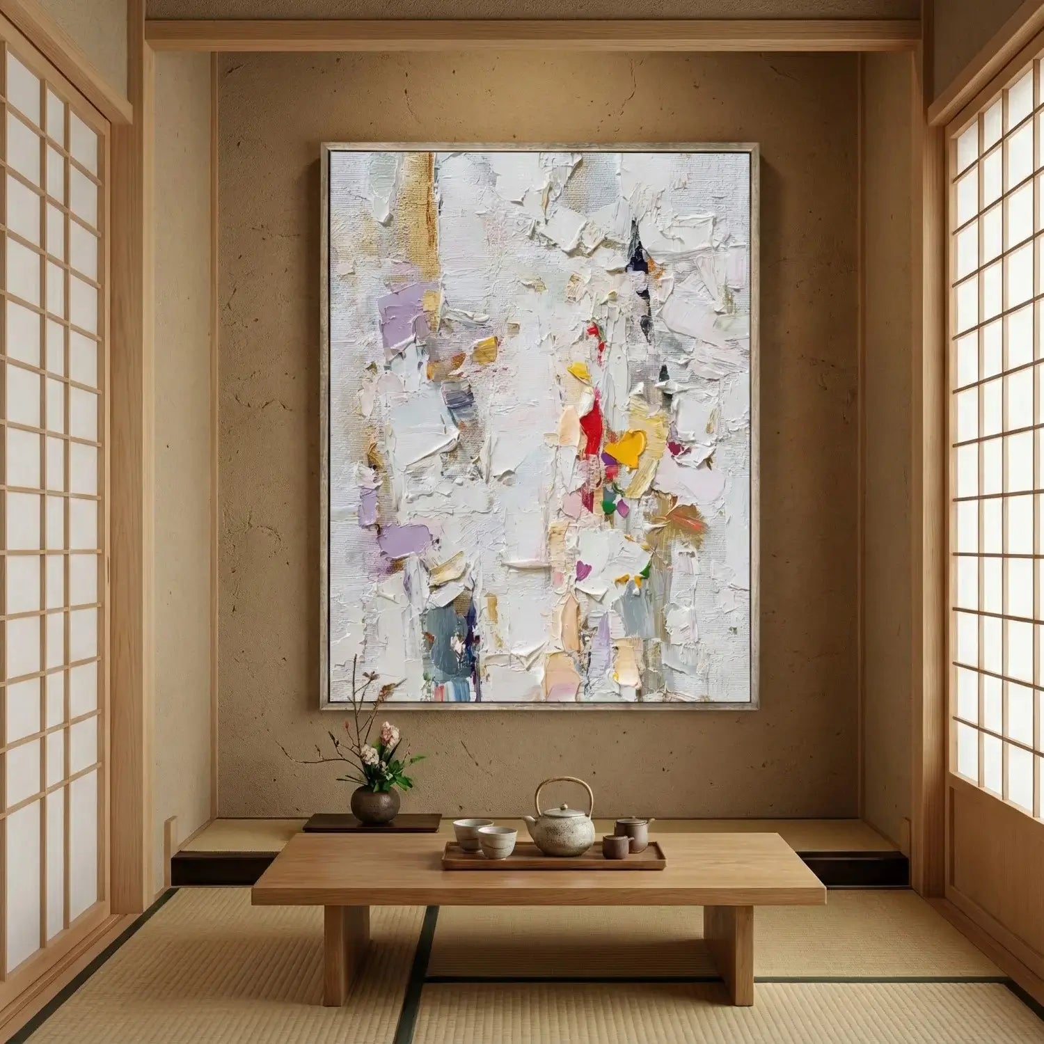 Abstract painting in a room with wooden table and shoji screens