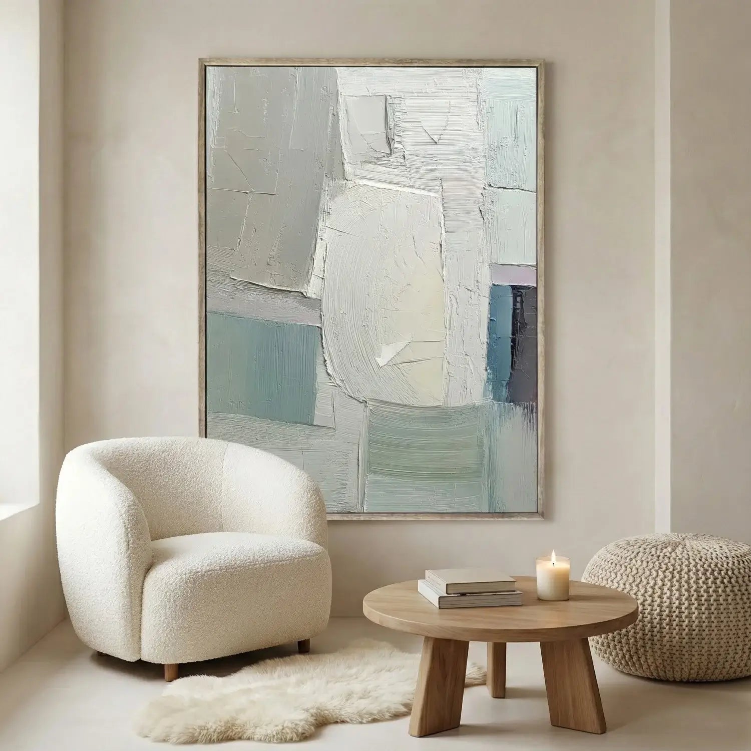 Modern living room with a textured armchair, wooden coffee table, and abstract art on the wall.