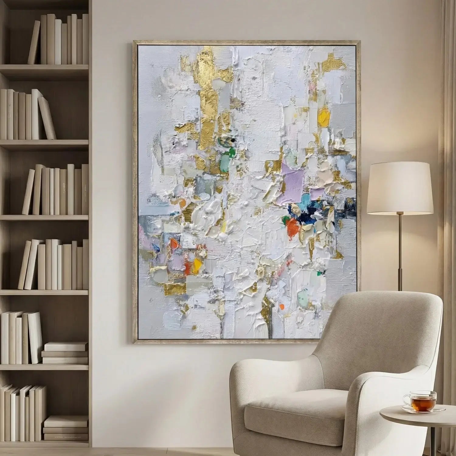 Abstract painting in a living room with a bookshelf and chair.