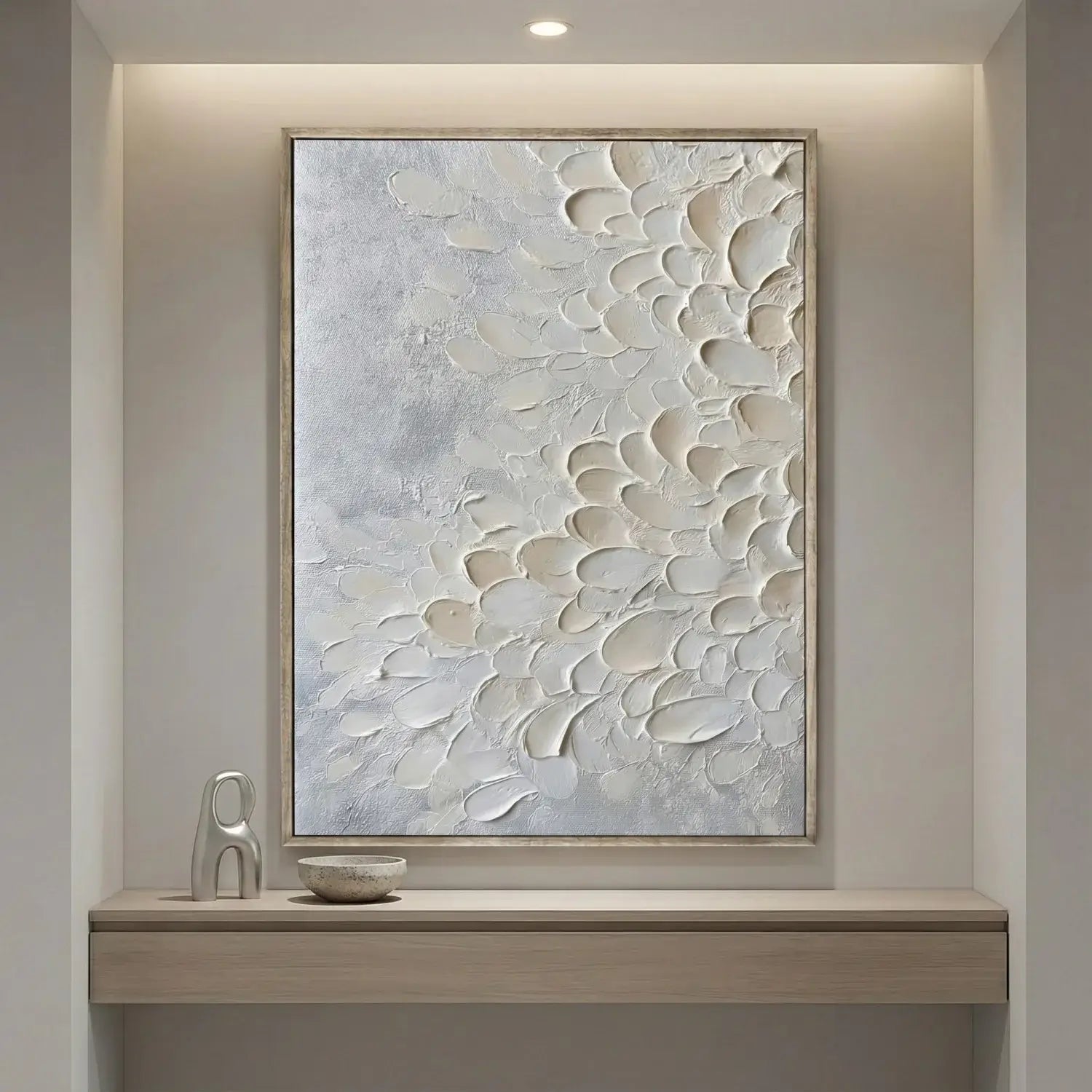 Abstract wall art in a modern interior setting with a shelf and decorative items.