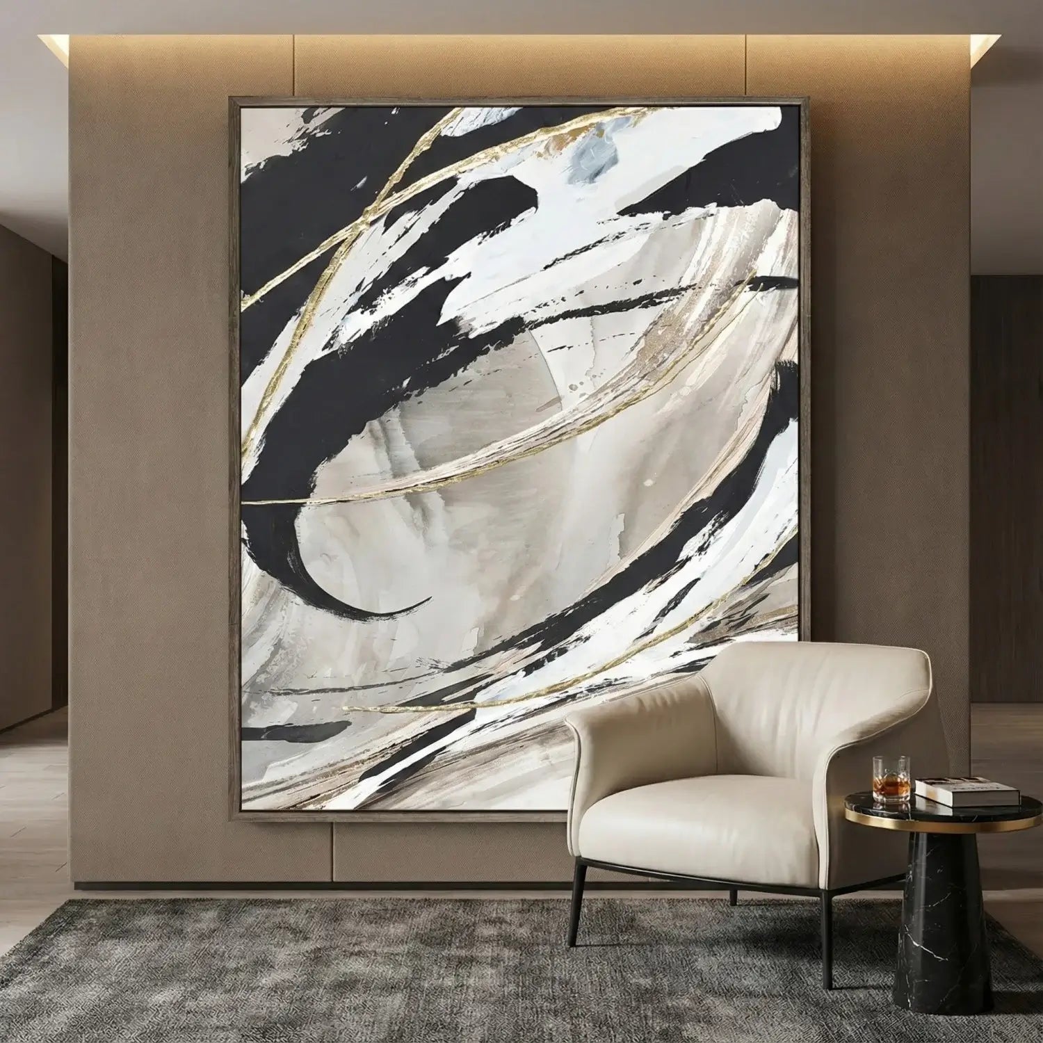 Abstract art piece on a wall with a modern chair and table below it.