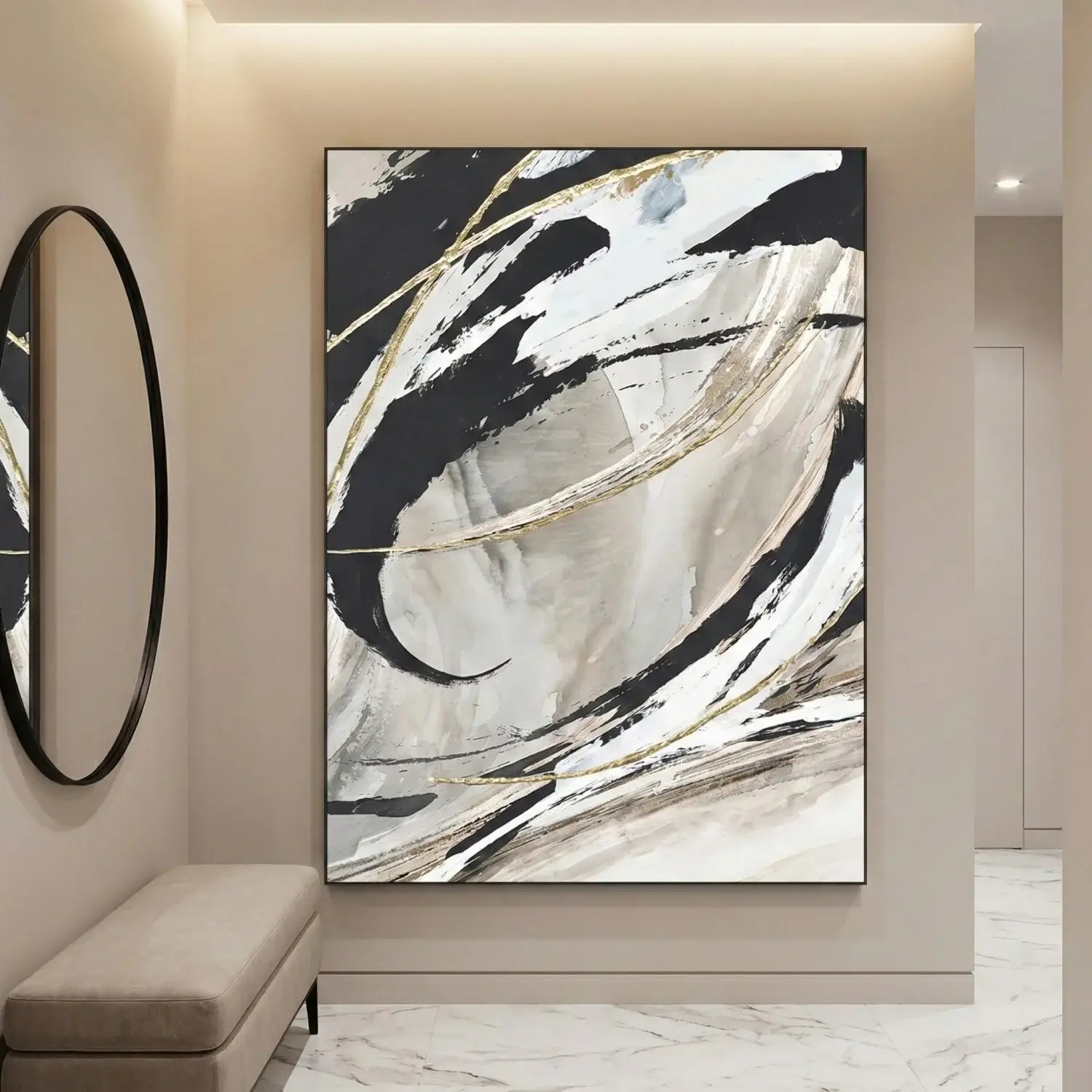 Abstract art piece on a wall in a modern interior setting