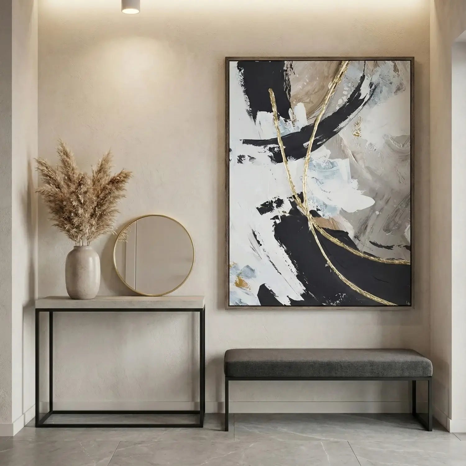Modern interior with abstract painting, console table, and bench.