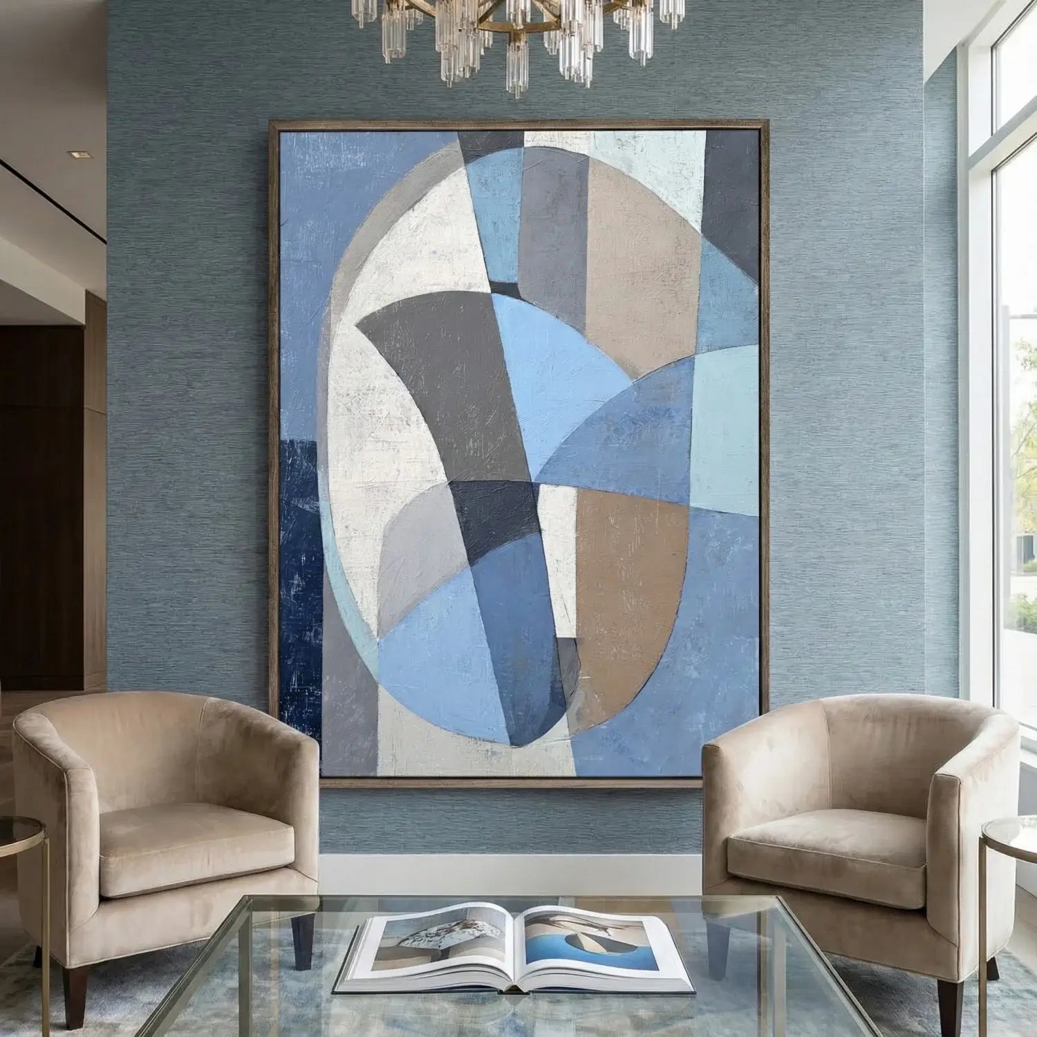 Modern living room with abstract art, chairs, and a glass table.