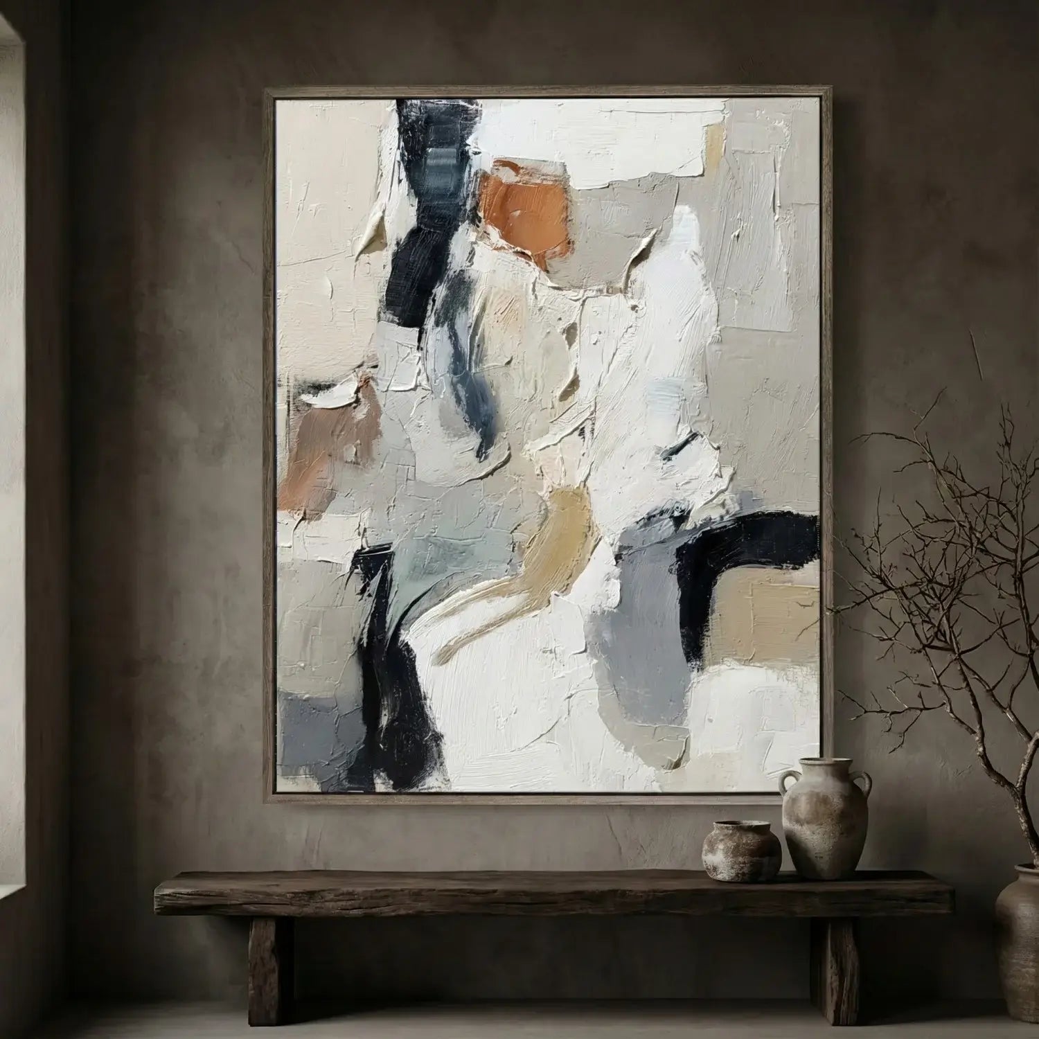 Abstract painting in a modern interior setting with a wooden bench and decorative vases.