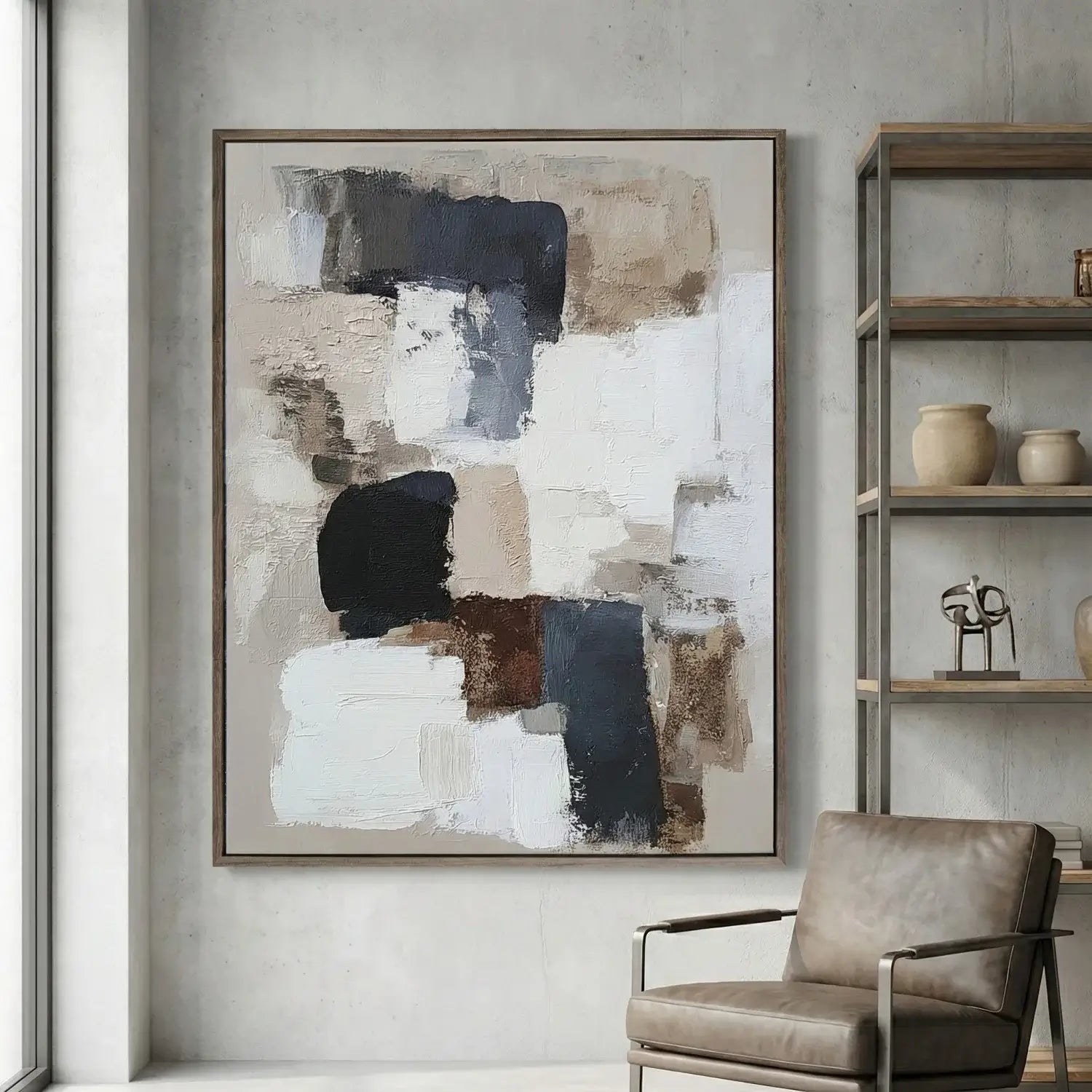 Abstract art piece on a wall with a chair and shelves in the background