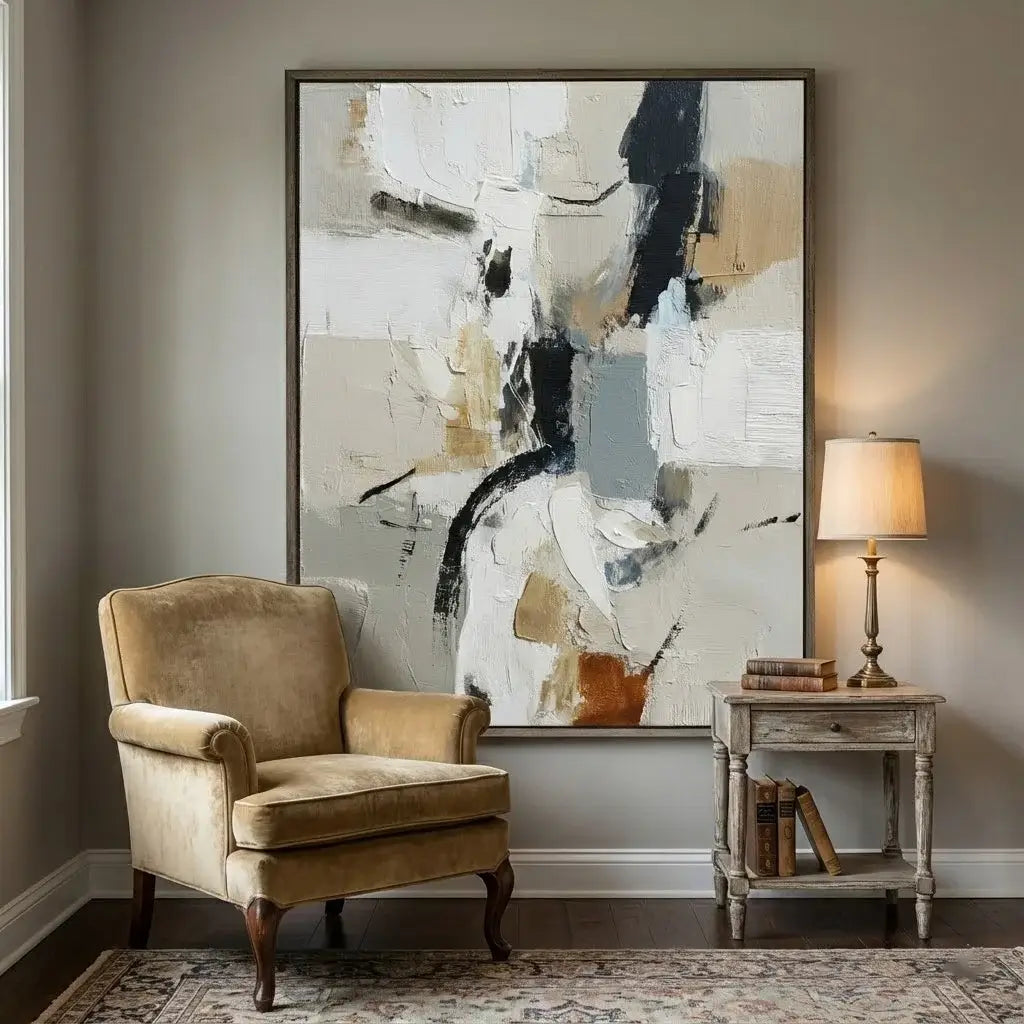 Beige armchair in a room with a large abstract painting and a lamp.