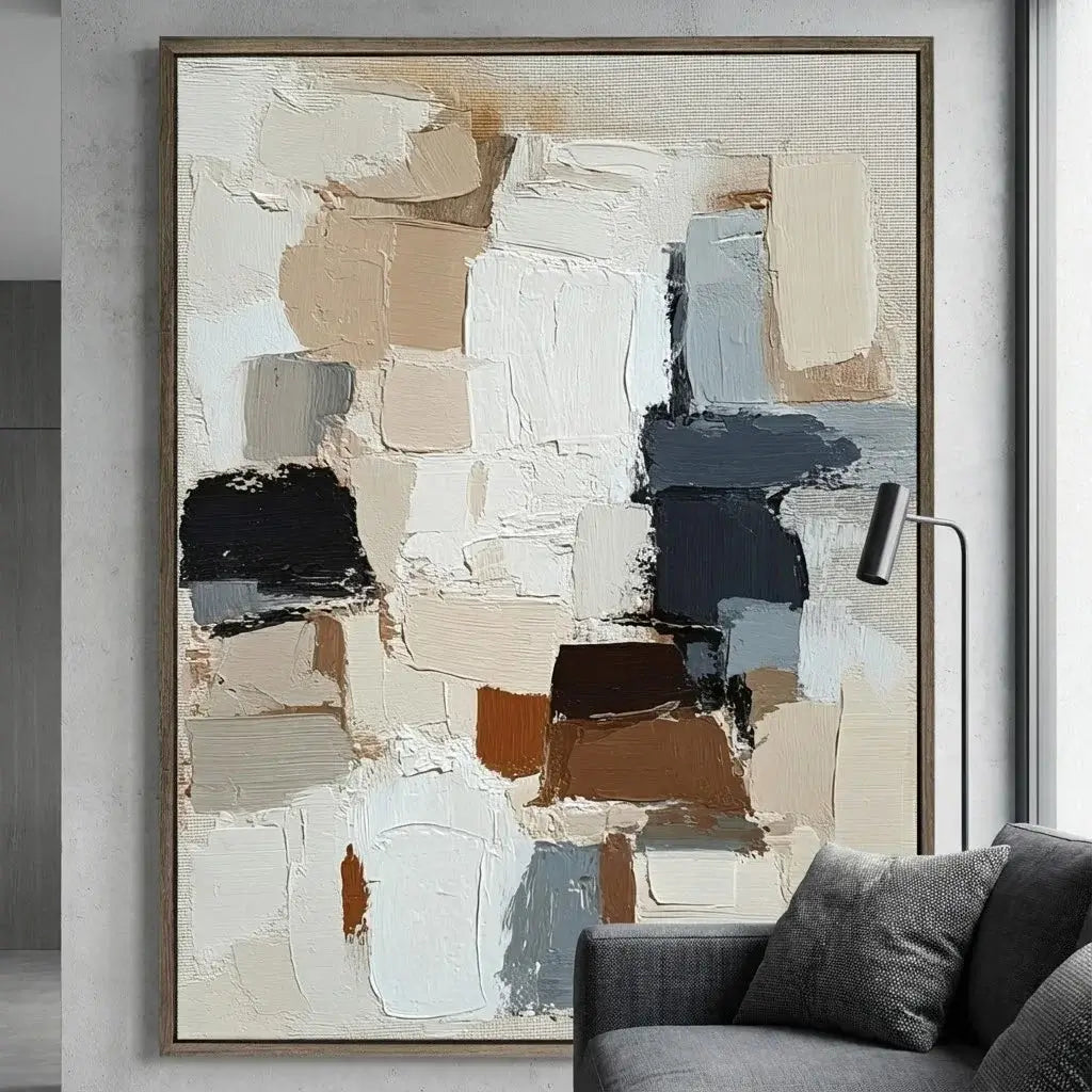 Abstract art painting in a modern living room setting