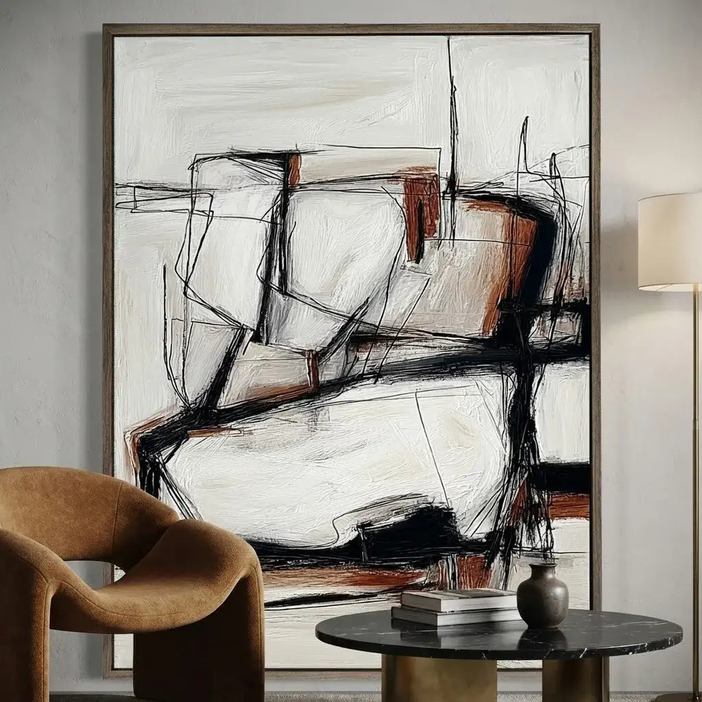 Abstract art painting in a modern interior setting with a chair and table.