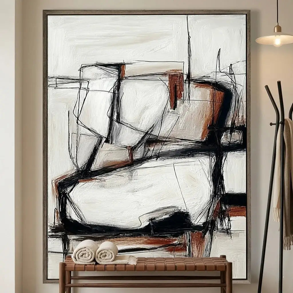 Abstract art piece in a modern interior setting with a bench and decor items.
