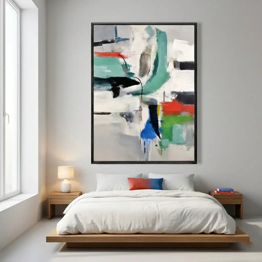 Modern bedroom with abstract art on the wall