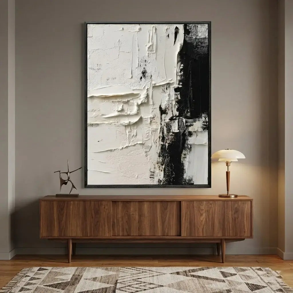 Abstract art piece on a wall above a wooden cabinet with a lamp and sculpture.