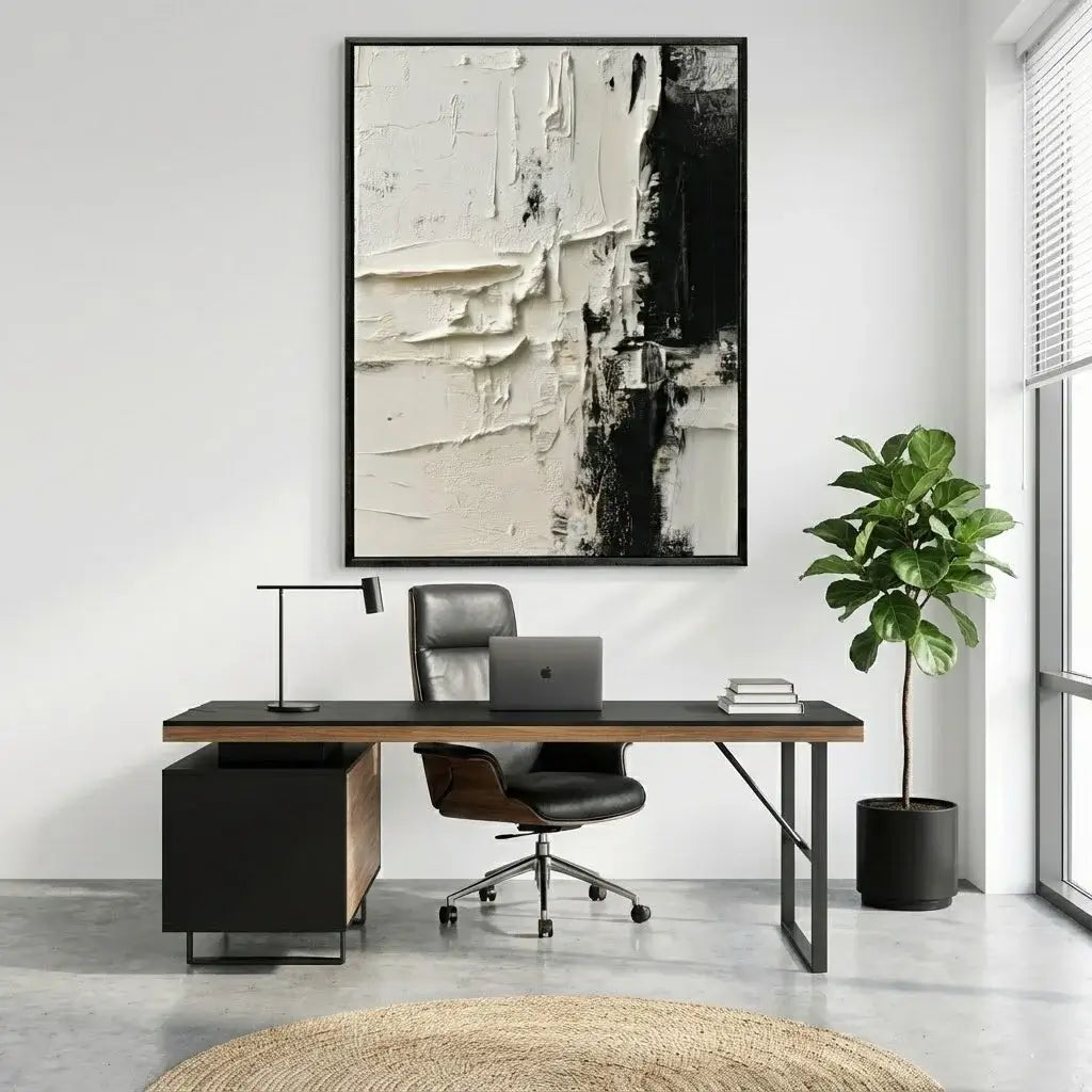 Modern office setup with a desk, chair, lamp, and abstract art on the wall.