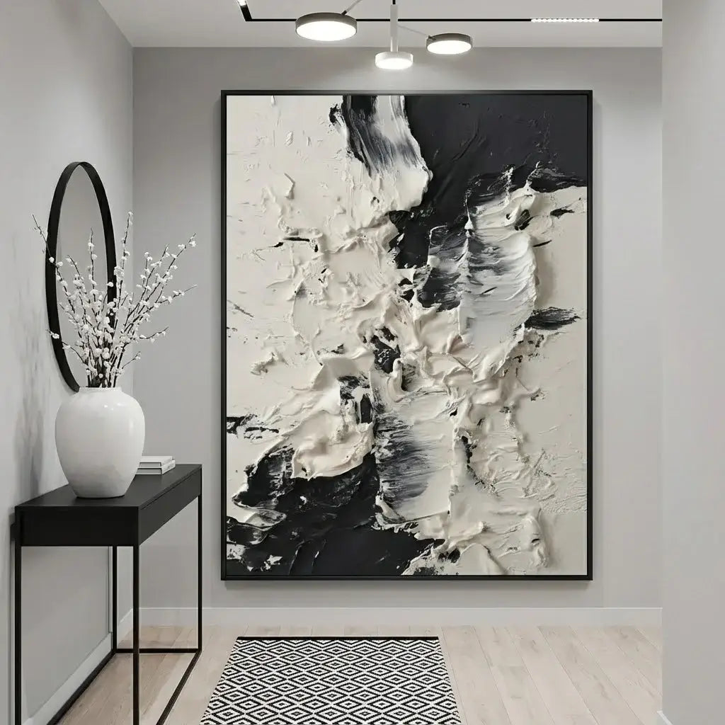 Modern interior with abstract black and white painting on a wall