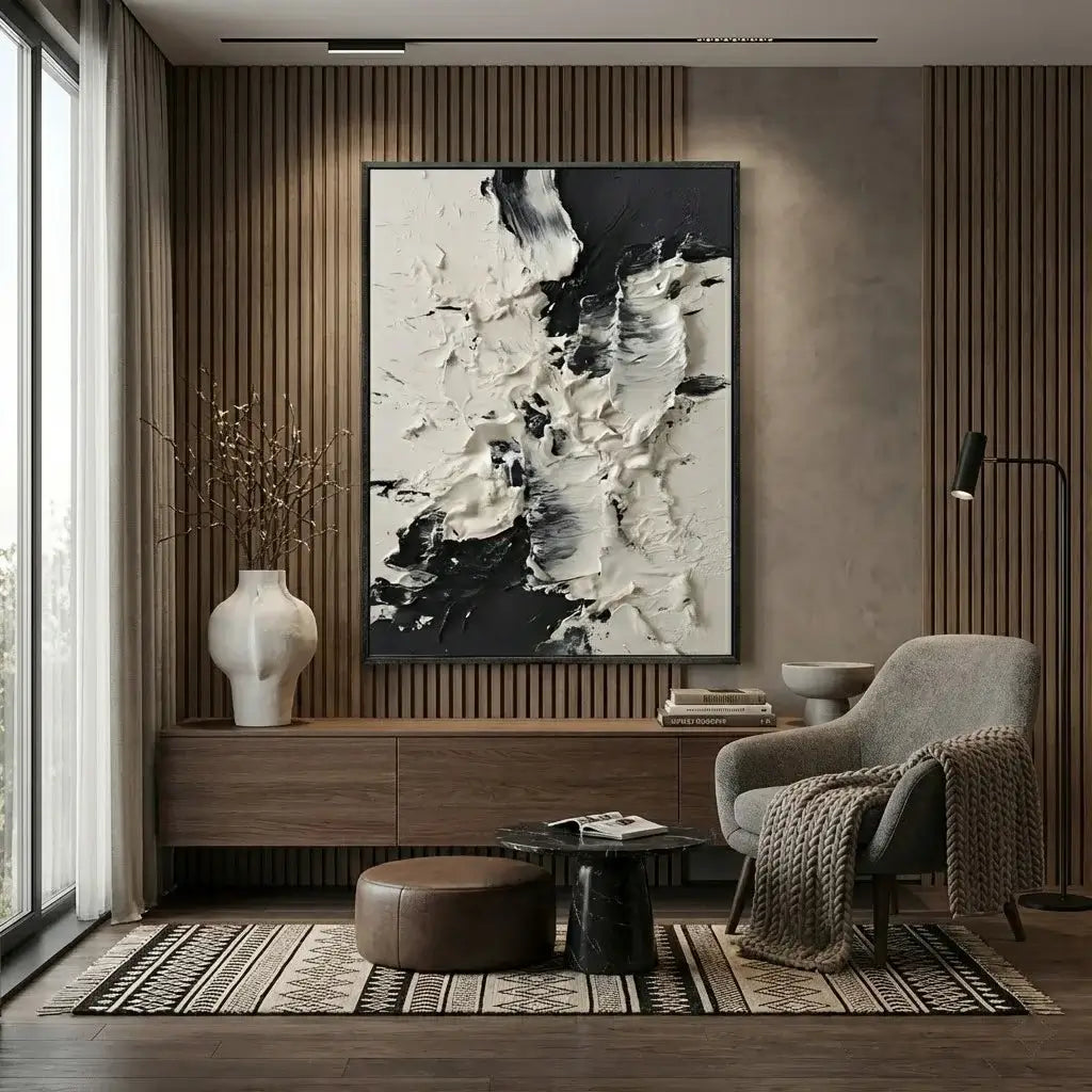 Modern living room with abstract art, armchair, and side table.