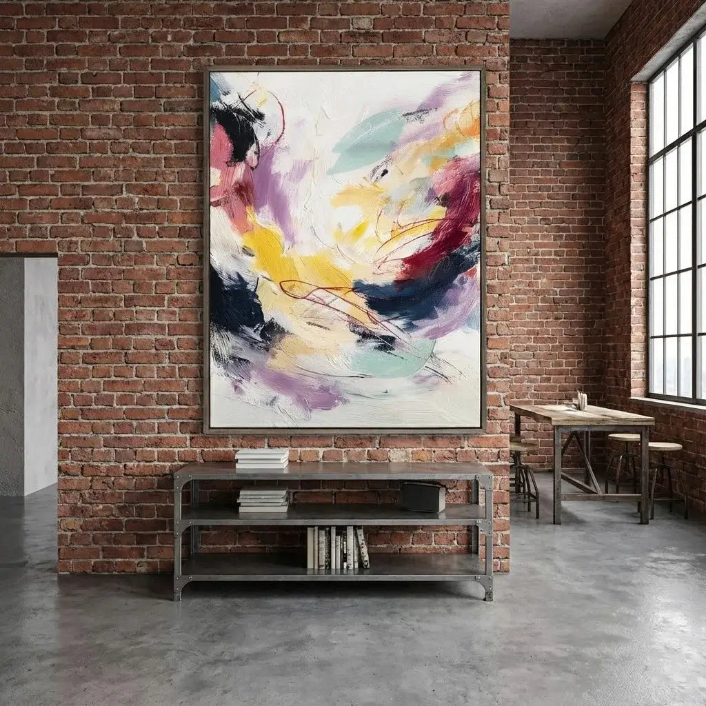 Abstract painting on a brick wall in a modern interior setting