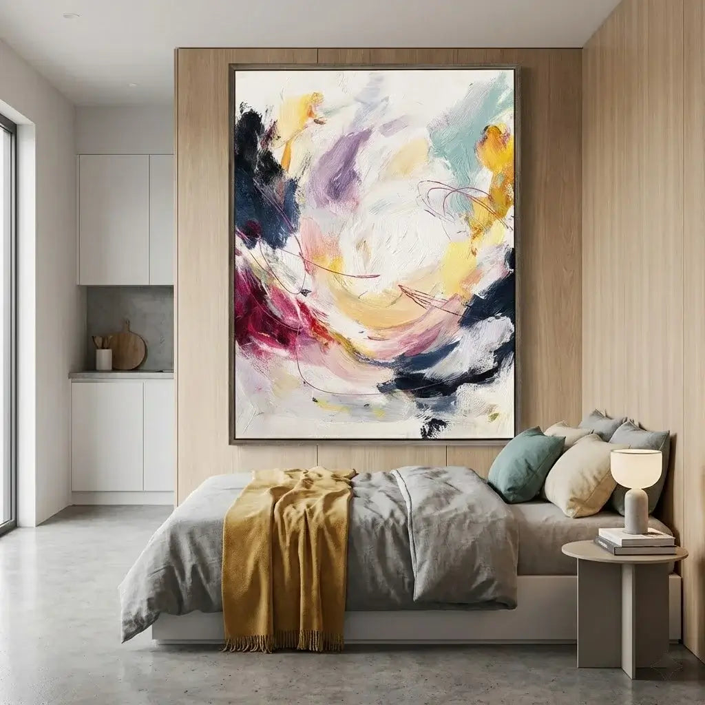 Modern bedroom with abstract art on the wall