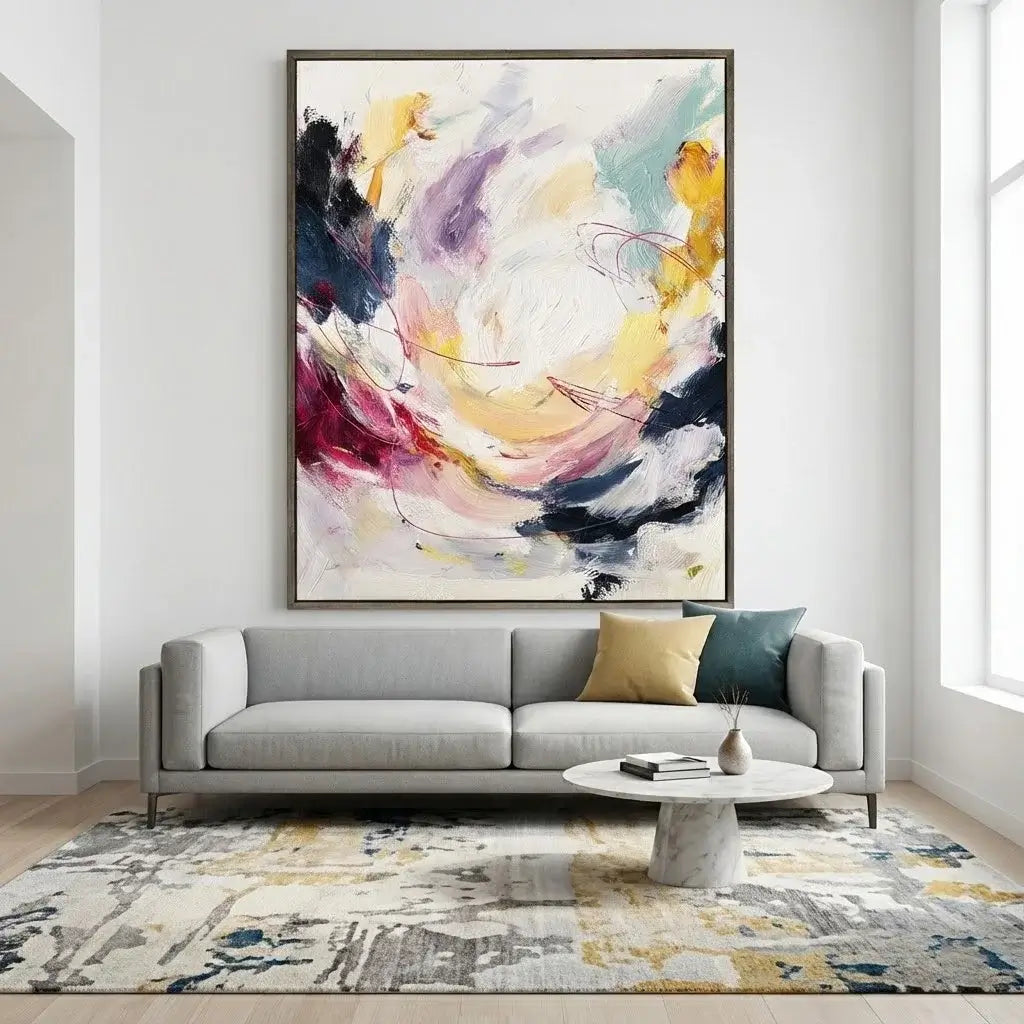 Living room with a gray sofa, abstract painting, and colorful rug.