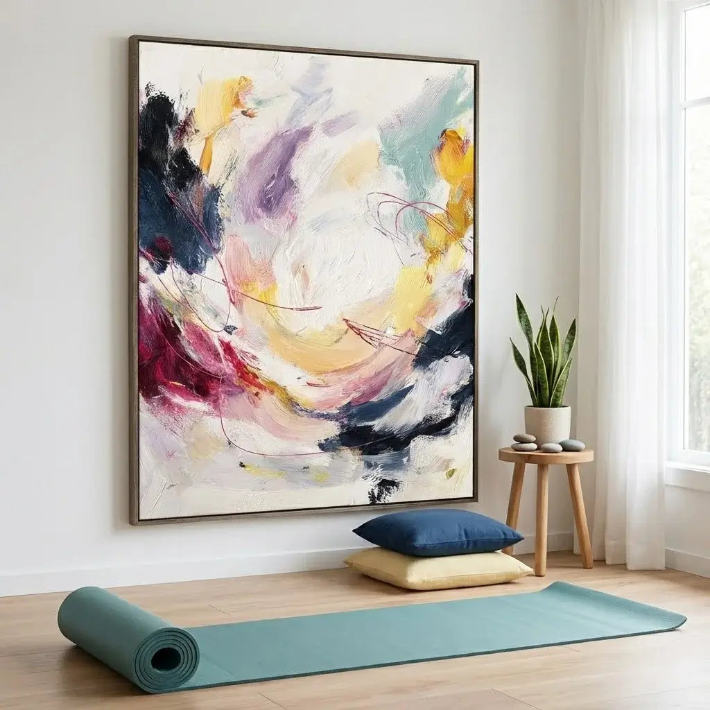 Yoga mat on a wooden floor with a colorful abstract painting on the wall.
