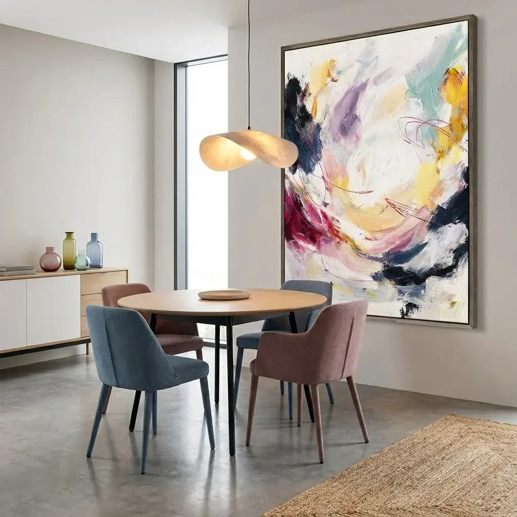 Modern dining room with round table and chairs, abstract painting on the wall.