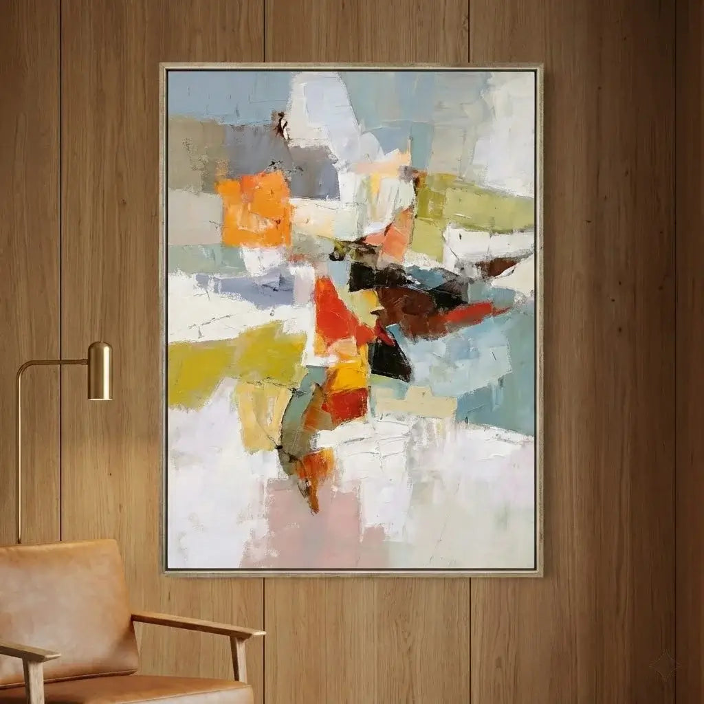 Abstract art painting on a wooden wall with a chair and lamp in the foreground.