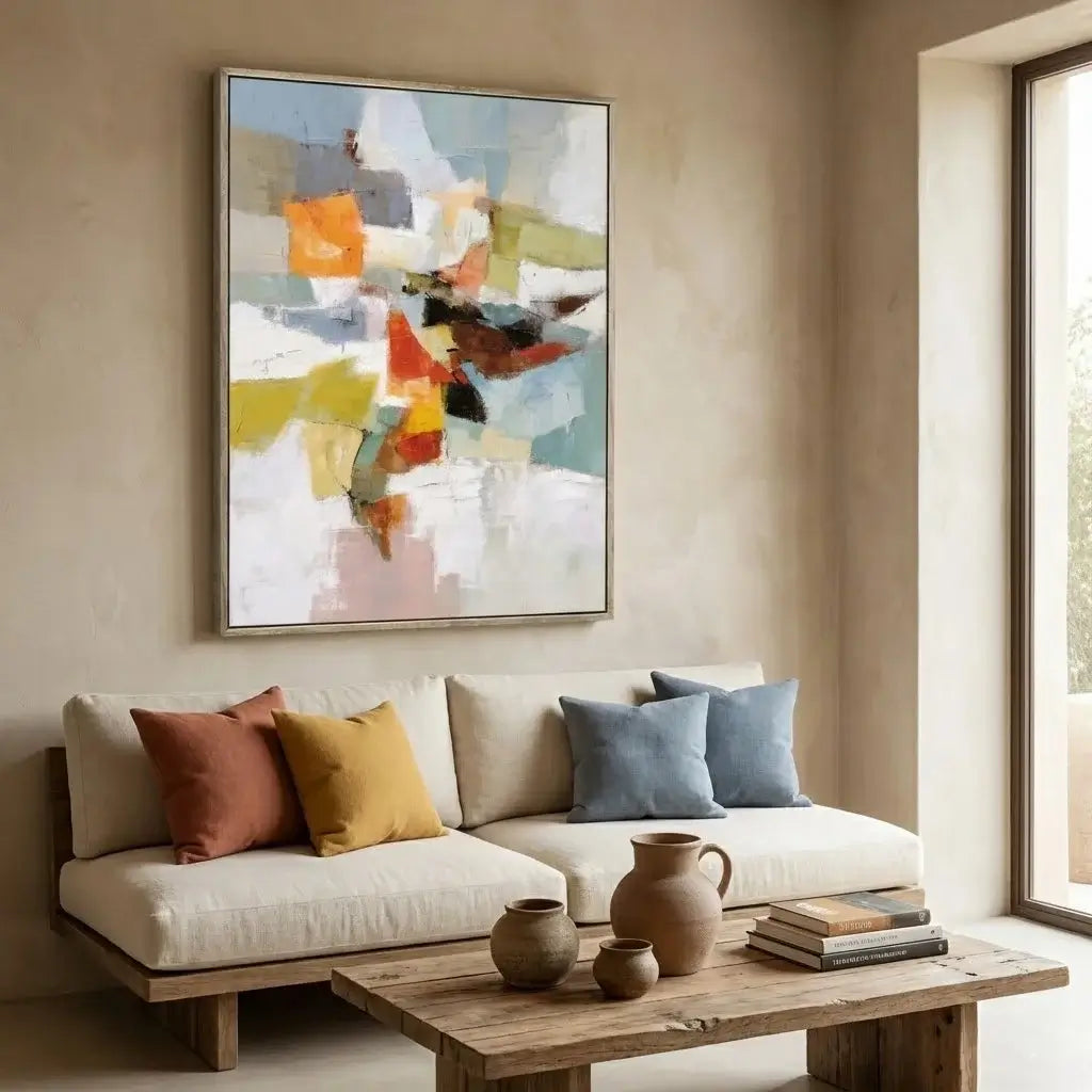 Living room with a beige sofa, colorful abstract painting, and wooden coffee table.