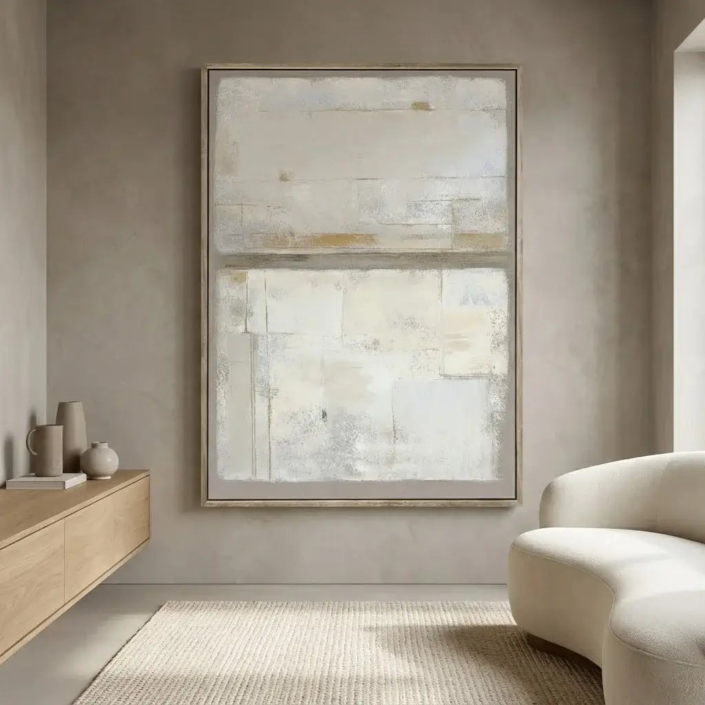 Modern living room with abstract art on the wall, wooden sideboard, and beige sofa.