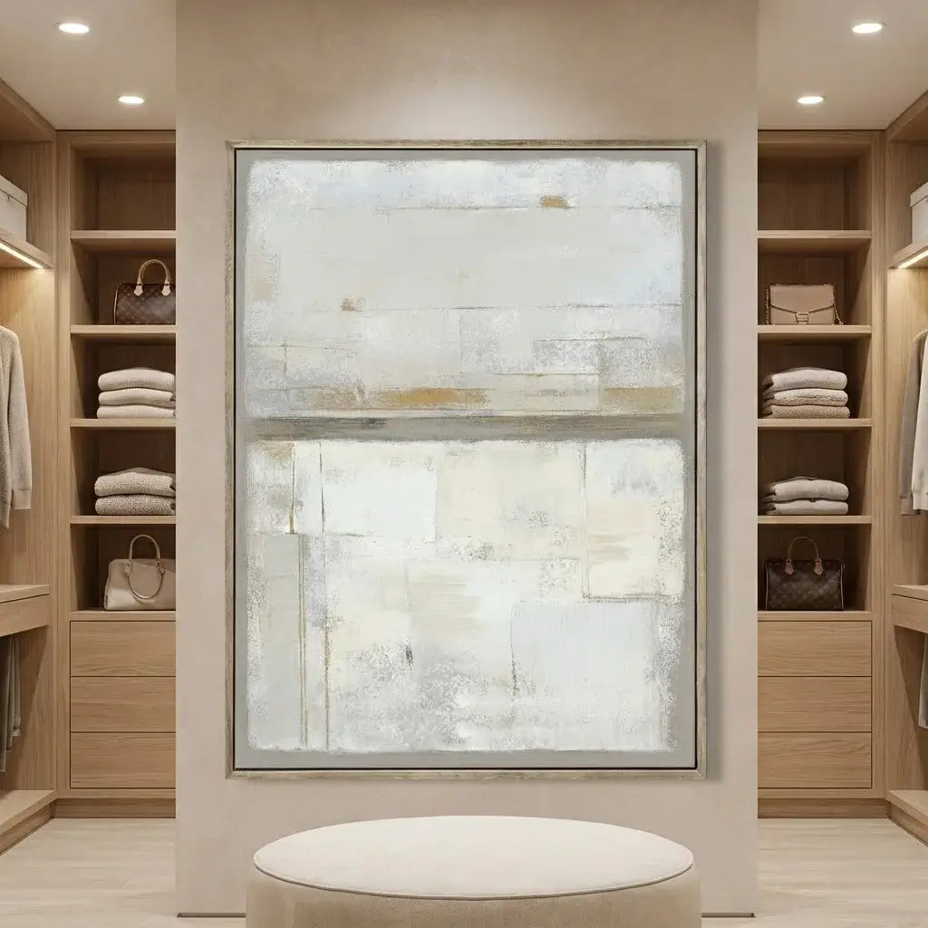 Abstract art piece in a modern interior setting with wooden shelves and decor.