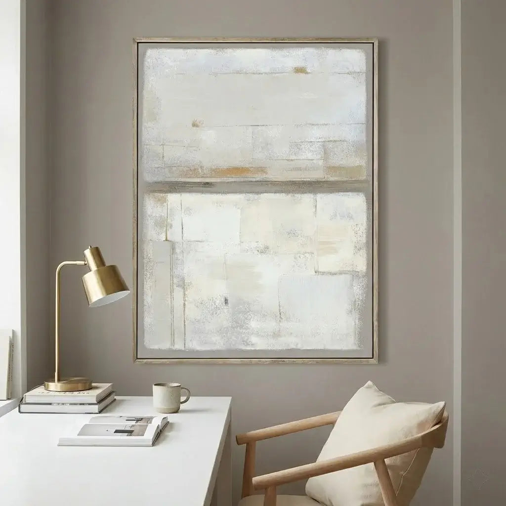 Modern interior with abstract art, desk, and chair on a neutral wall.