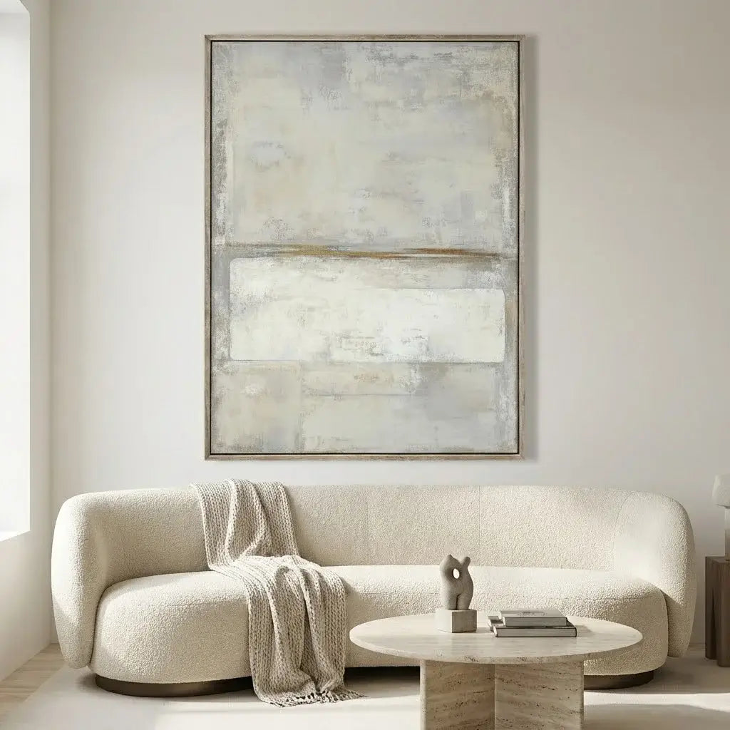 Modern living room with a textured sofa, round coffee table, and abstract painting on the wall.