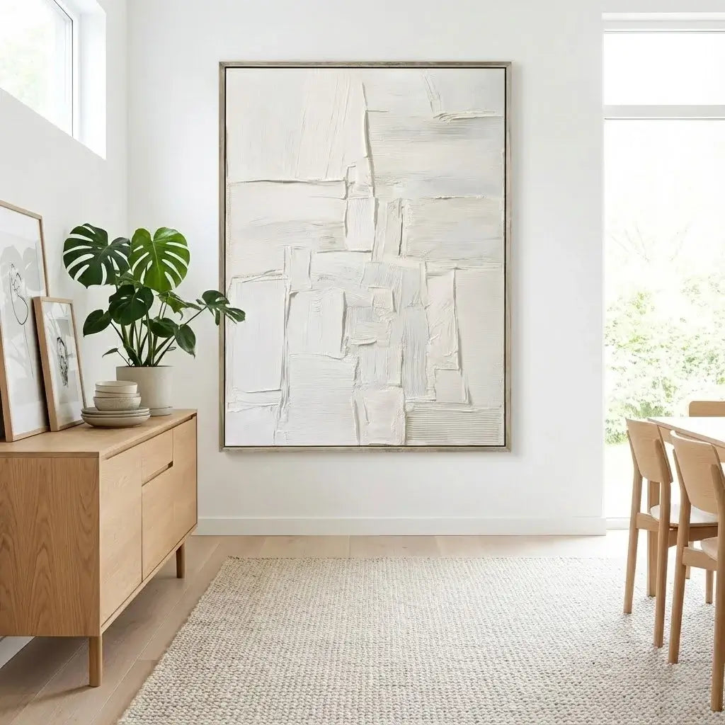 Modern interior with abstract art, wooden furniture, and plants.