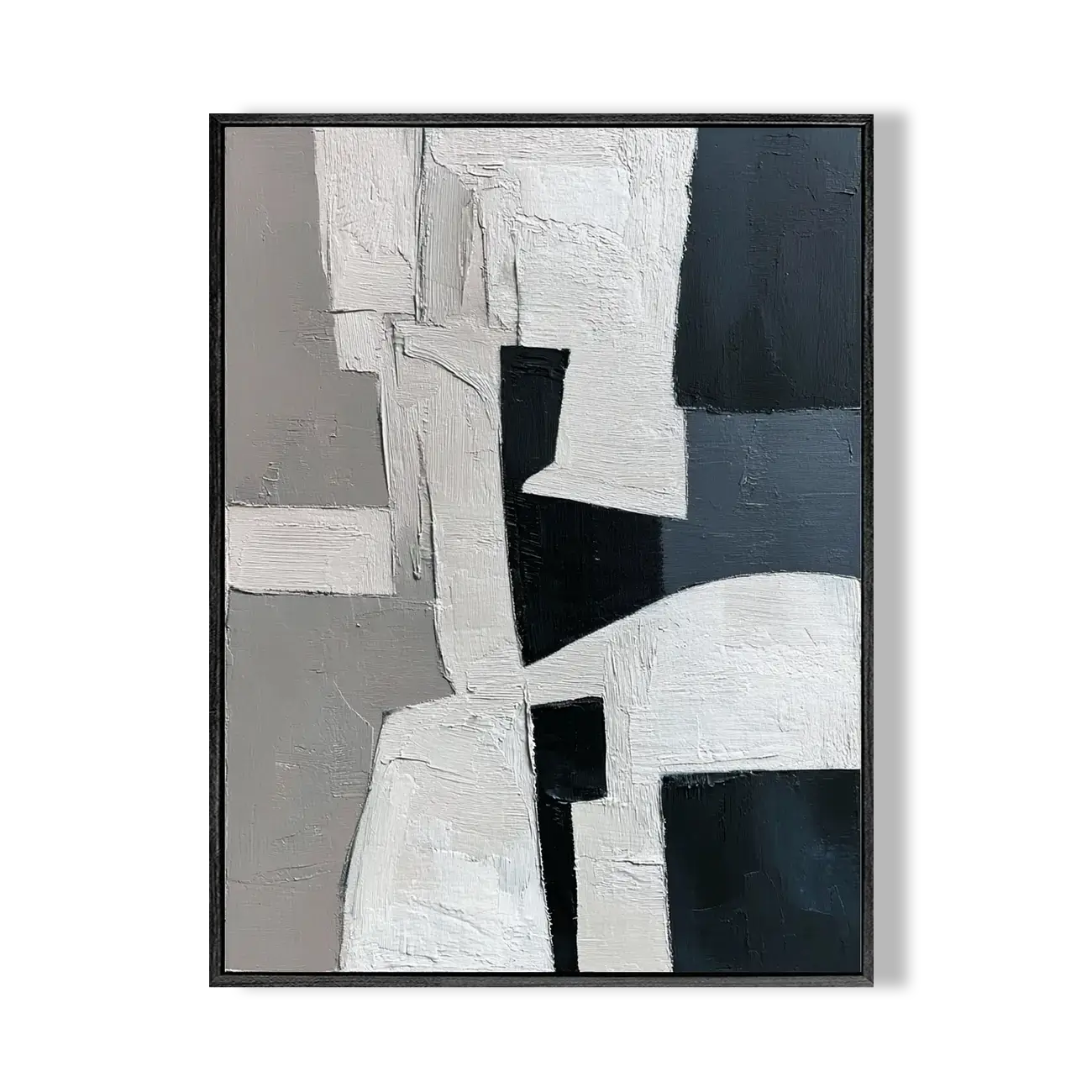 Abstract art piece with geometric shapes in black, white, and gray on a white background