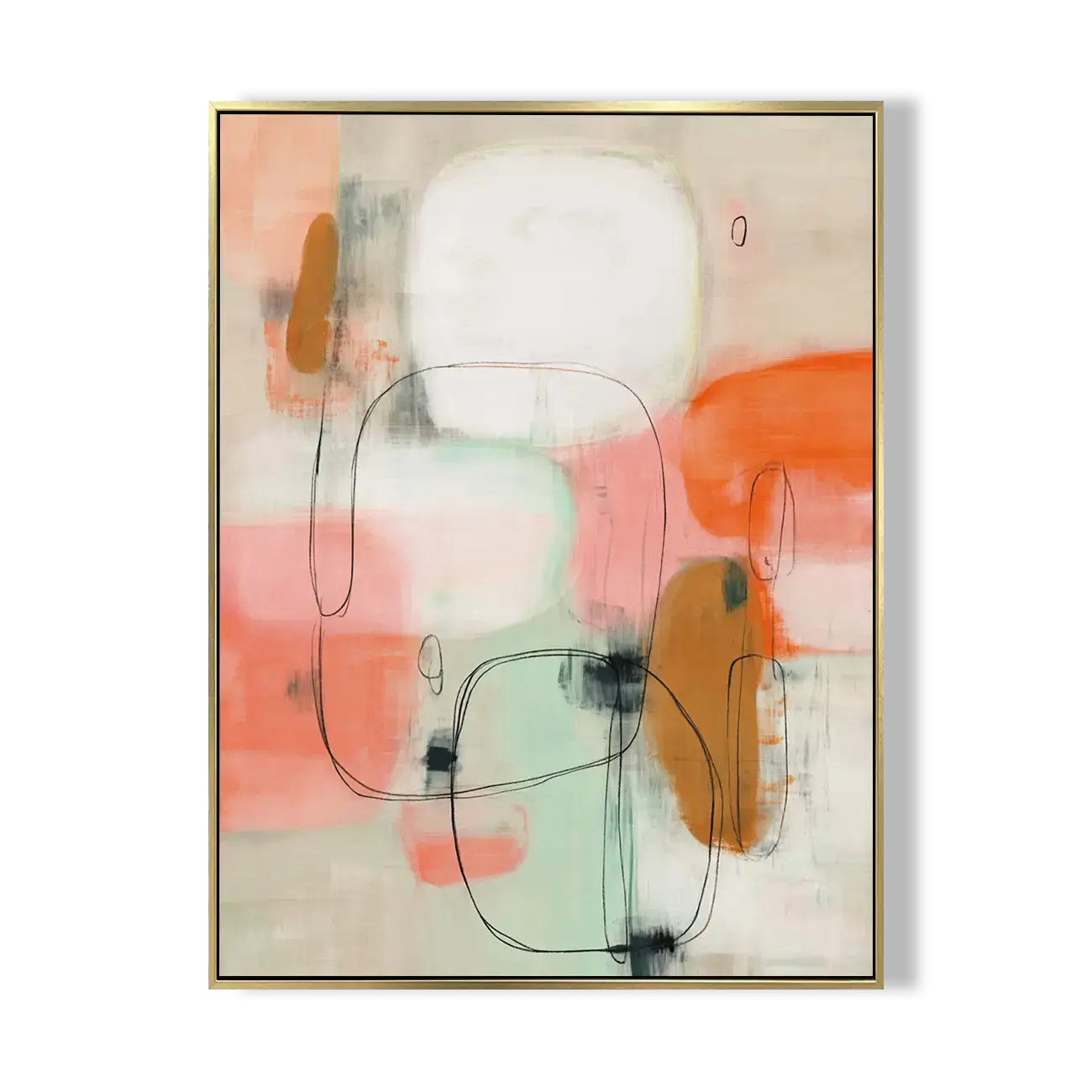 Abstract art piece with colorful shapes and lines on a beige background