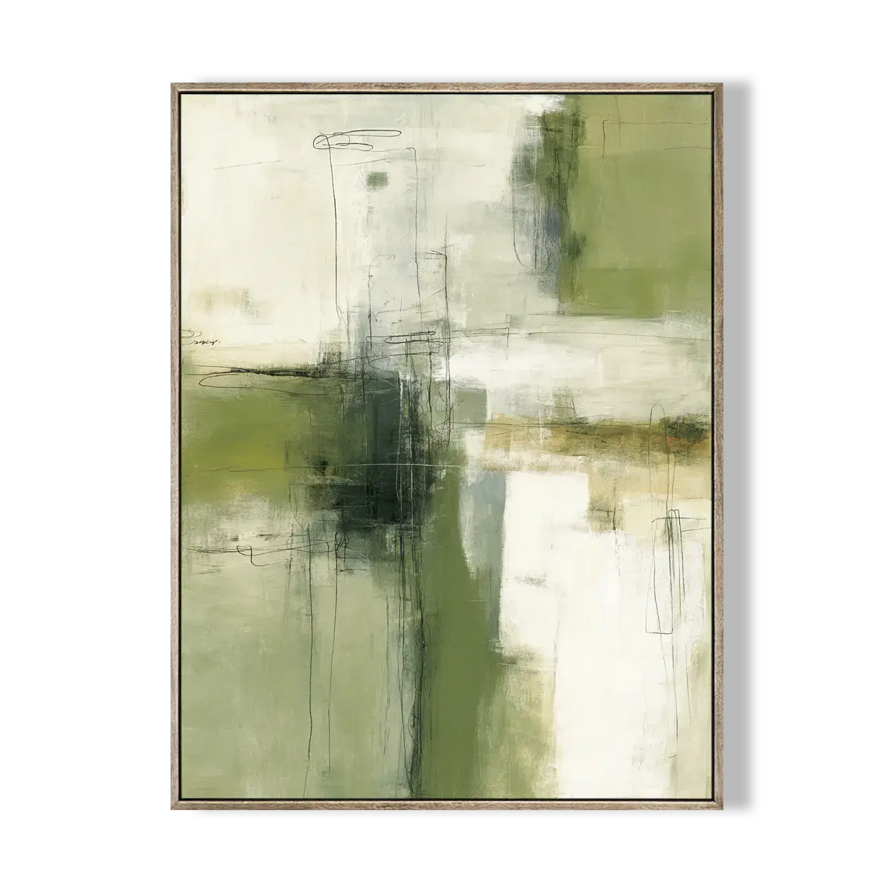 Abstract art painting with green and beige tones on a white background