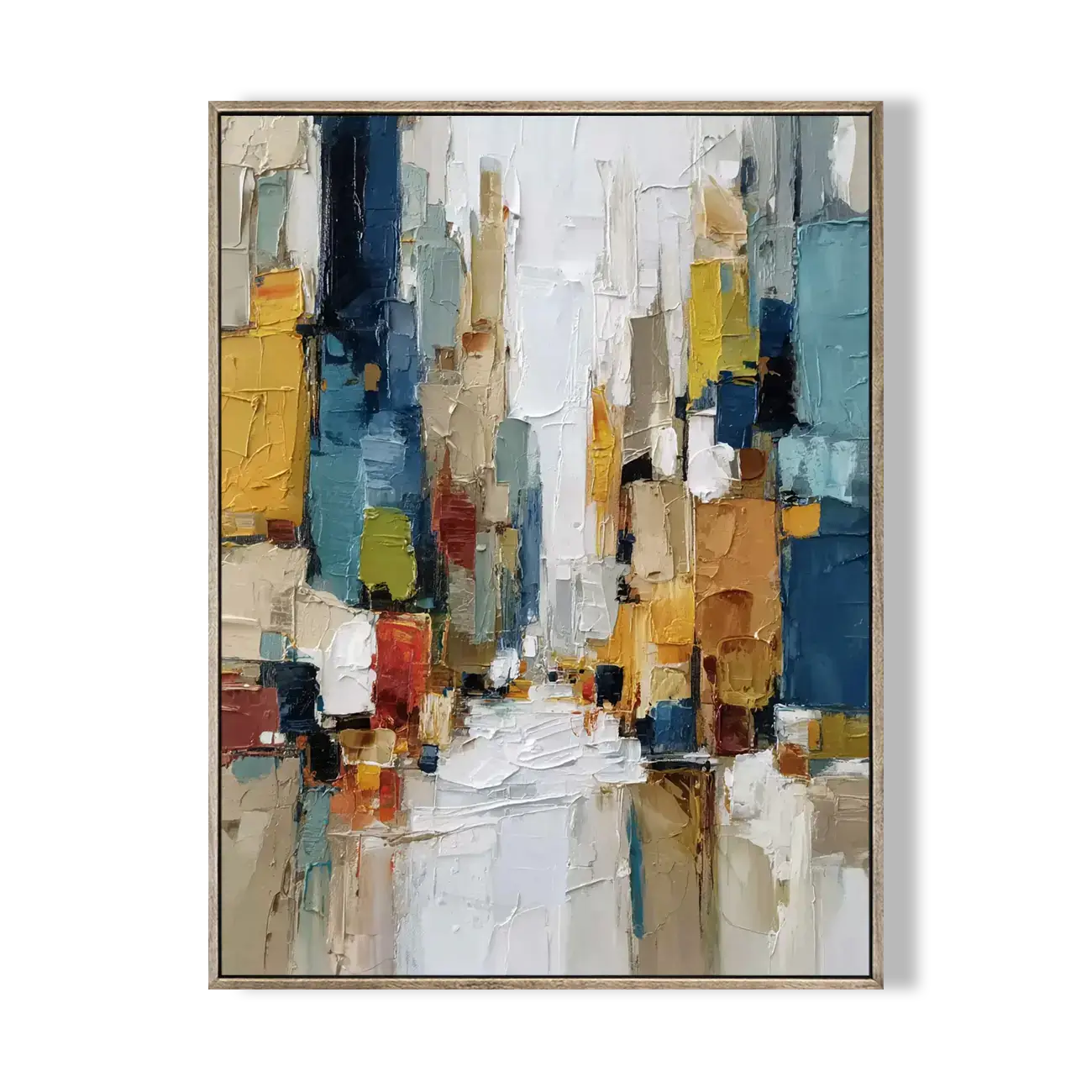 Abstract art painting with colorful blocks on a white background
