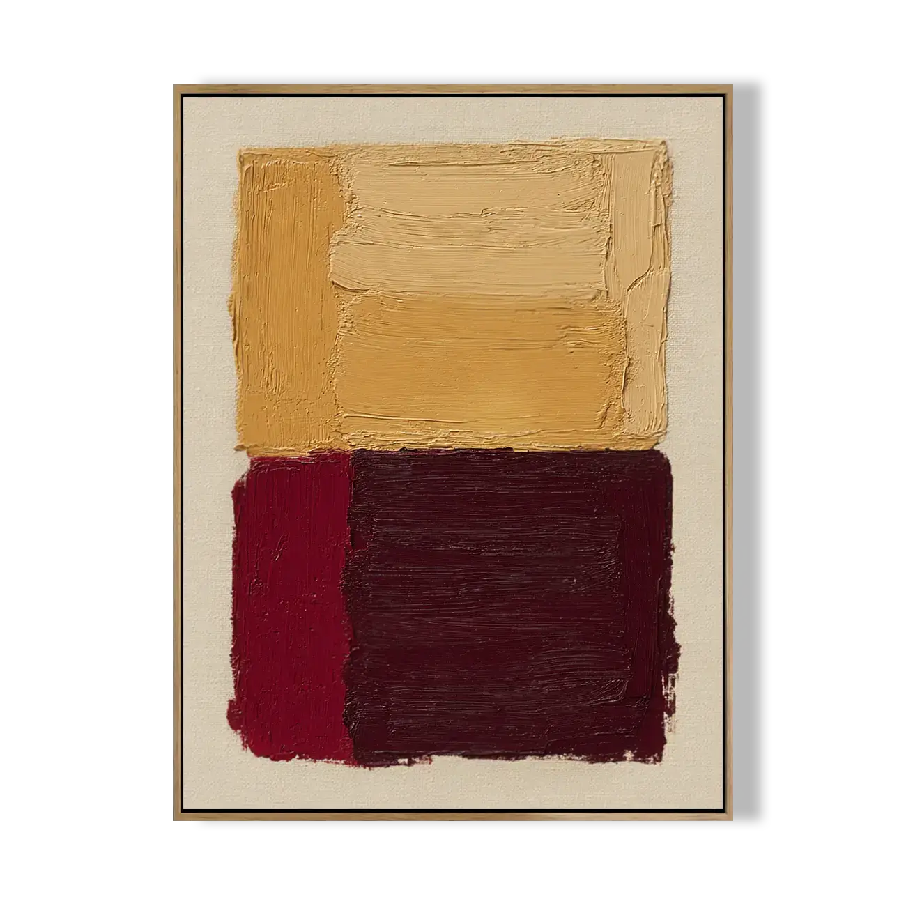 Abstract art piece with gold and red brush strokes on a beige background