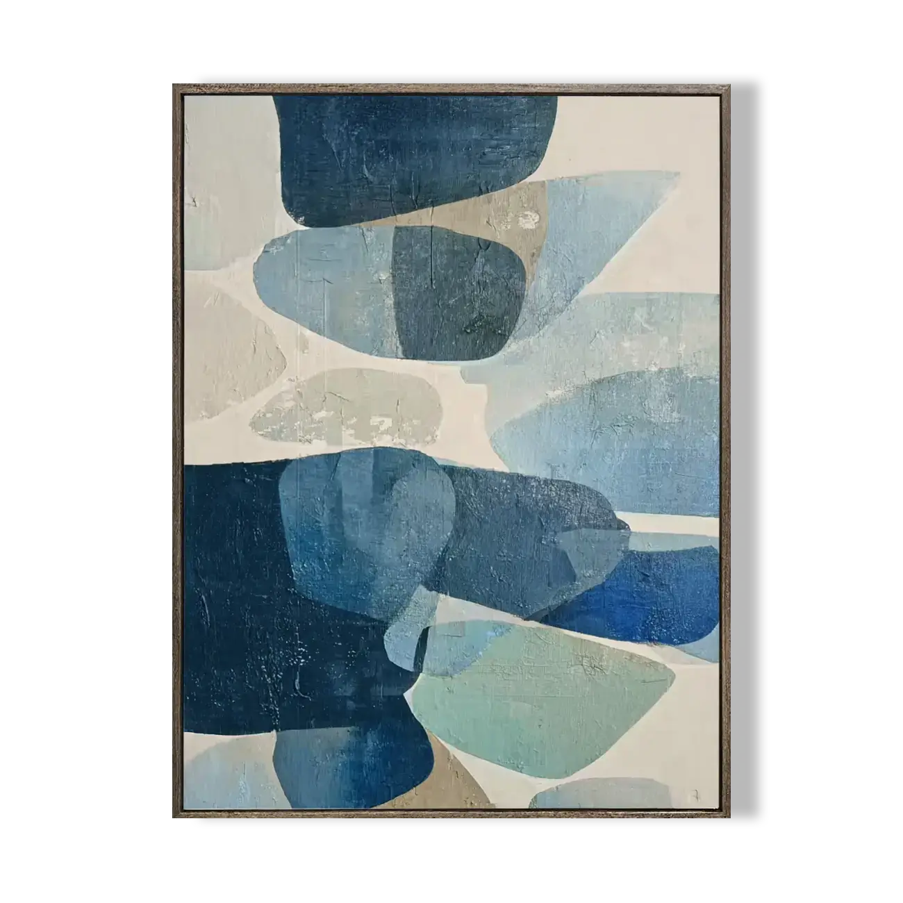 Abstract art print with blue and beige shapes on a white background