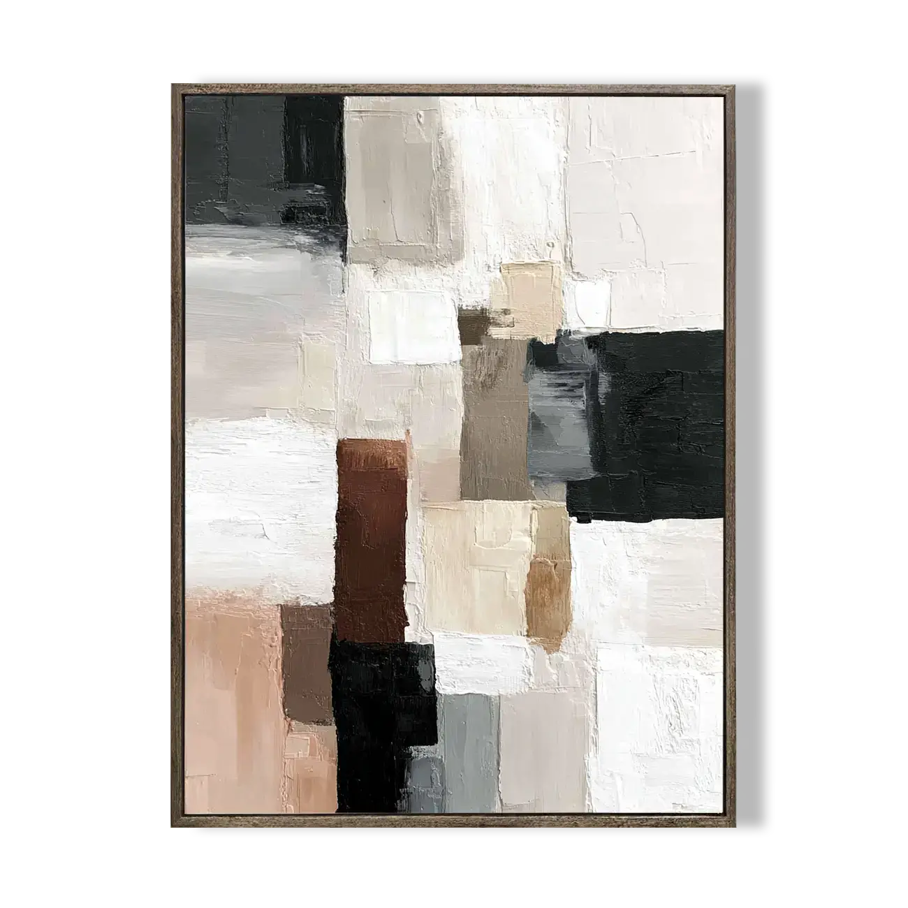 Abstract art piece with geometric shapes in neutral colors on a white background